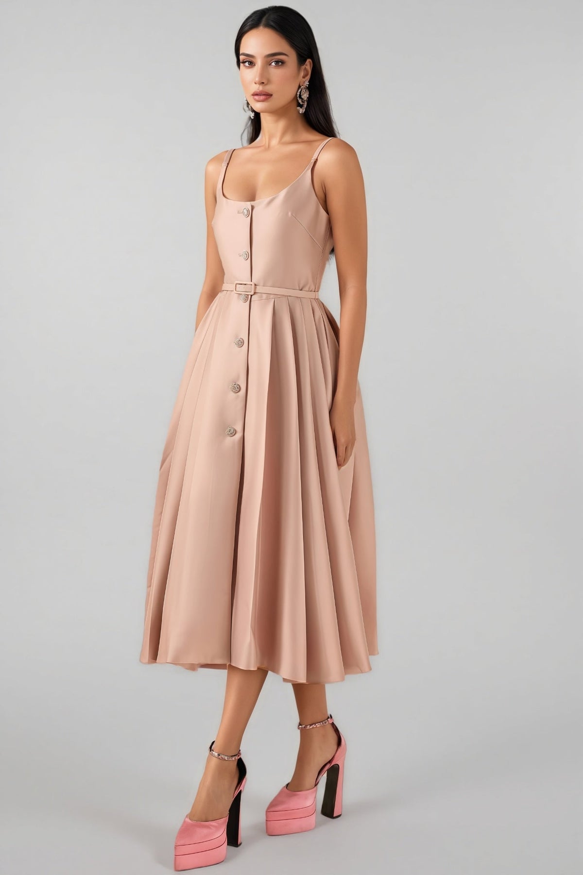Scoop Neck Rhinestone Strap Button Front Belted Pleated Satin Midi Dress 5
