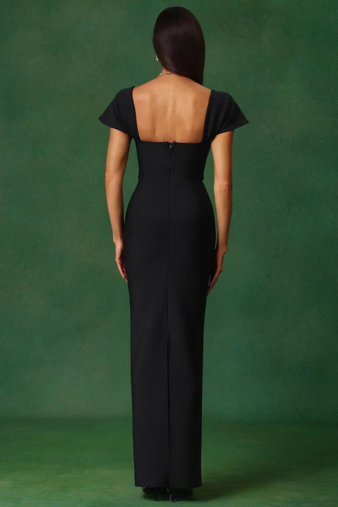 Rhinestone Trim Square Neck Cap Sleeve Bodycon Maxi Gown 6
