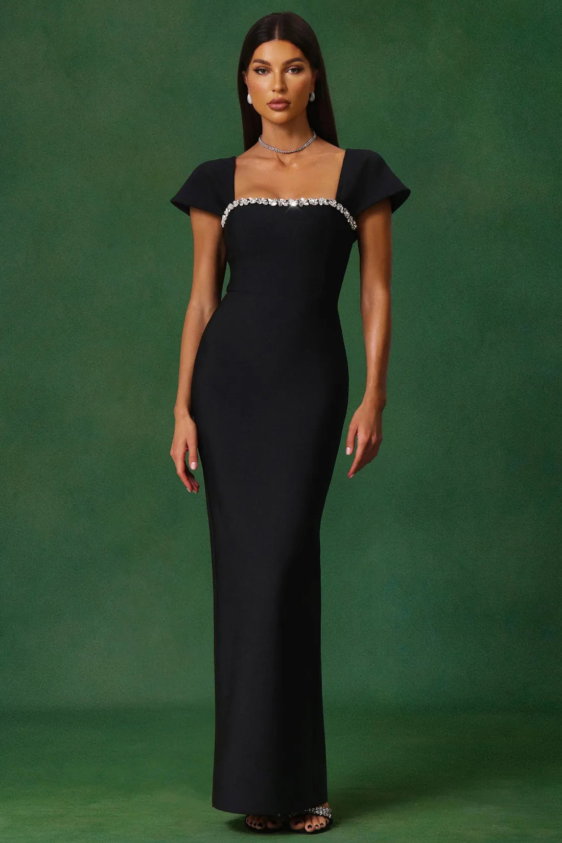 Rhinestone Trim Square Neck Cap Sleeve Bodycon Maxi Gown