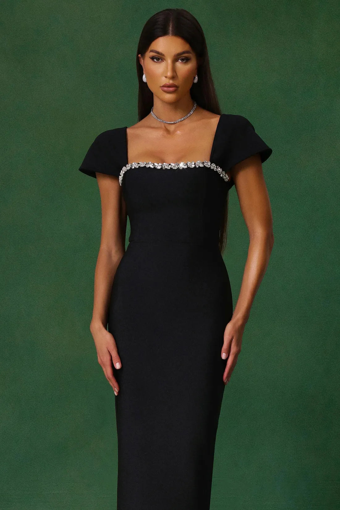 Rhinestone Trim Square Neck Cap Sleeve Bodycon Maxi Gown 3