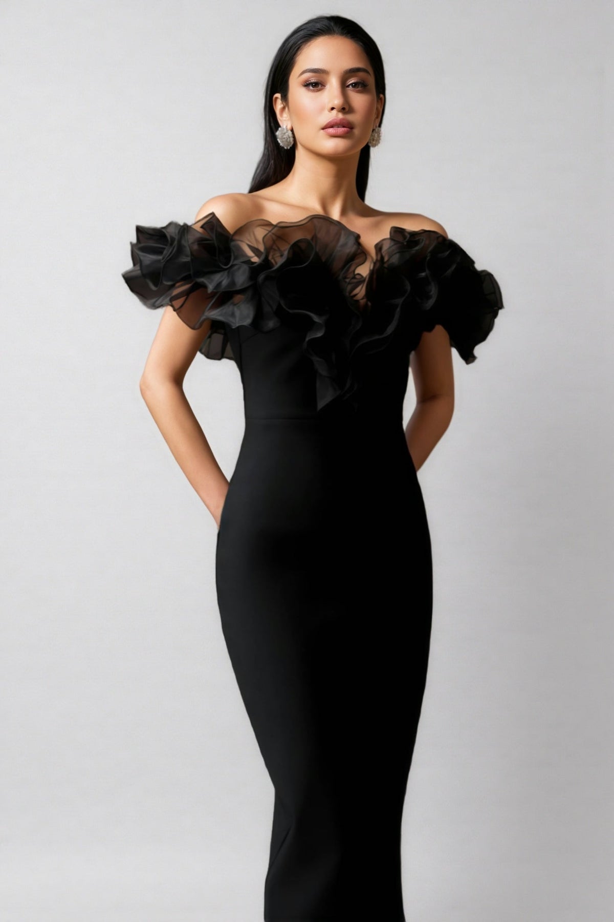 Off Shoulder Organza Ruffle Asymmetric High Split Bodycon Midi Dress 4