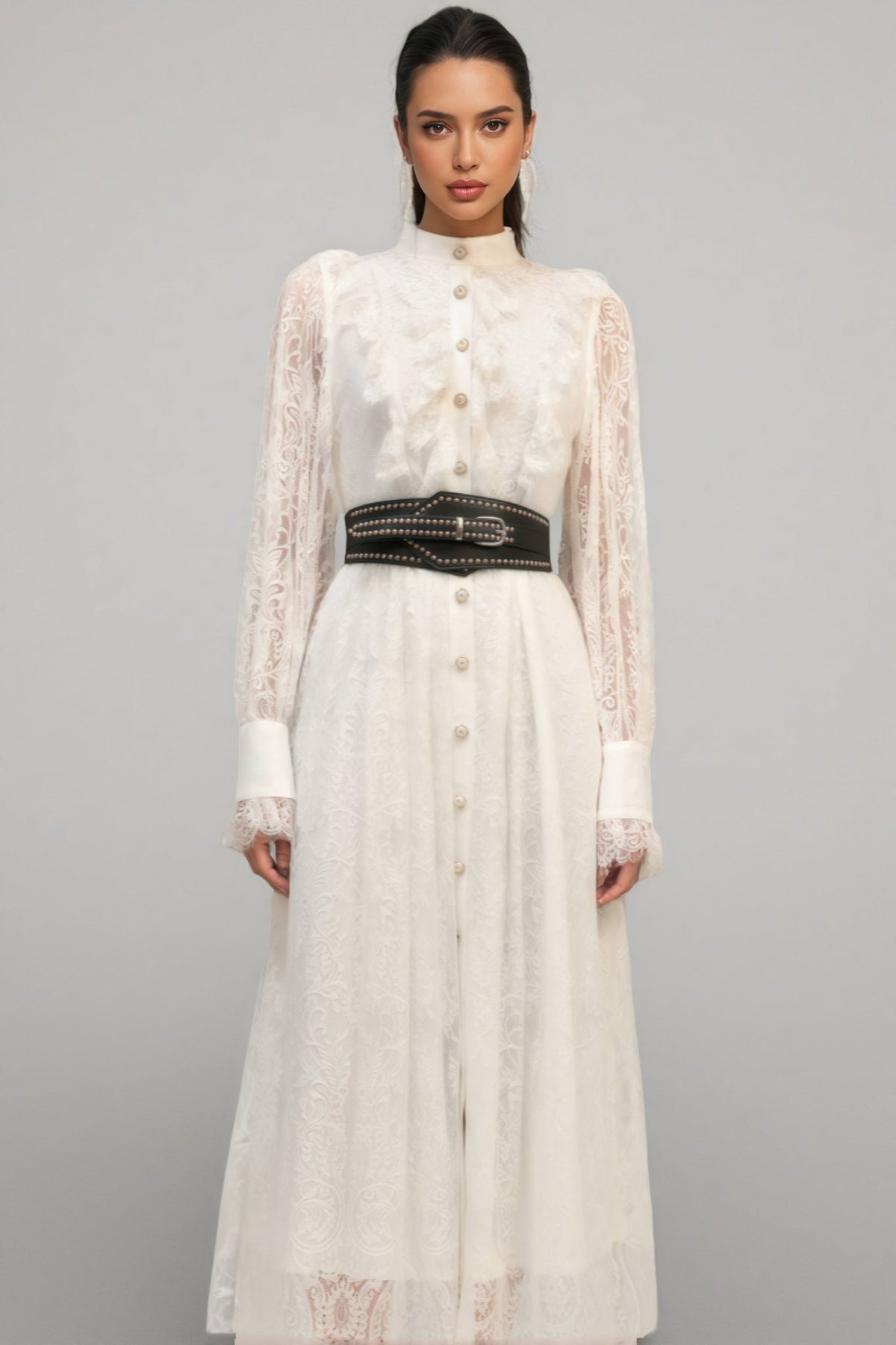 Lace Mock Neck Sheer Lantern Sleeve Button Front Belted Midi Dress 4