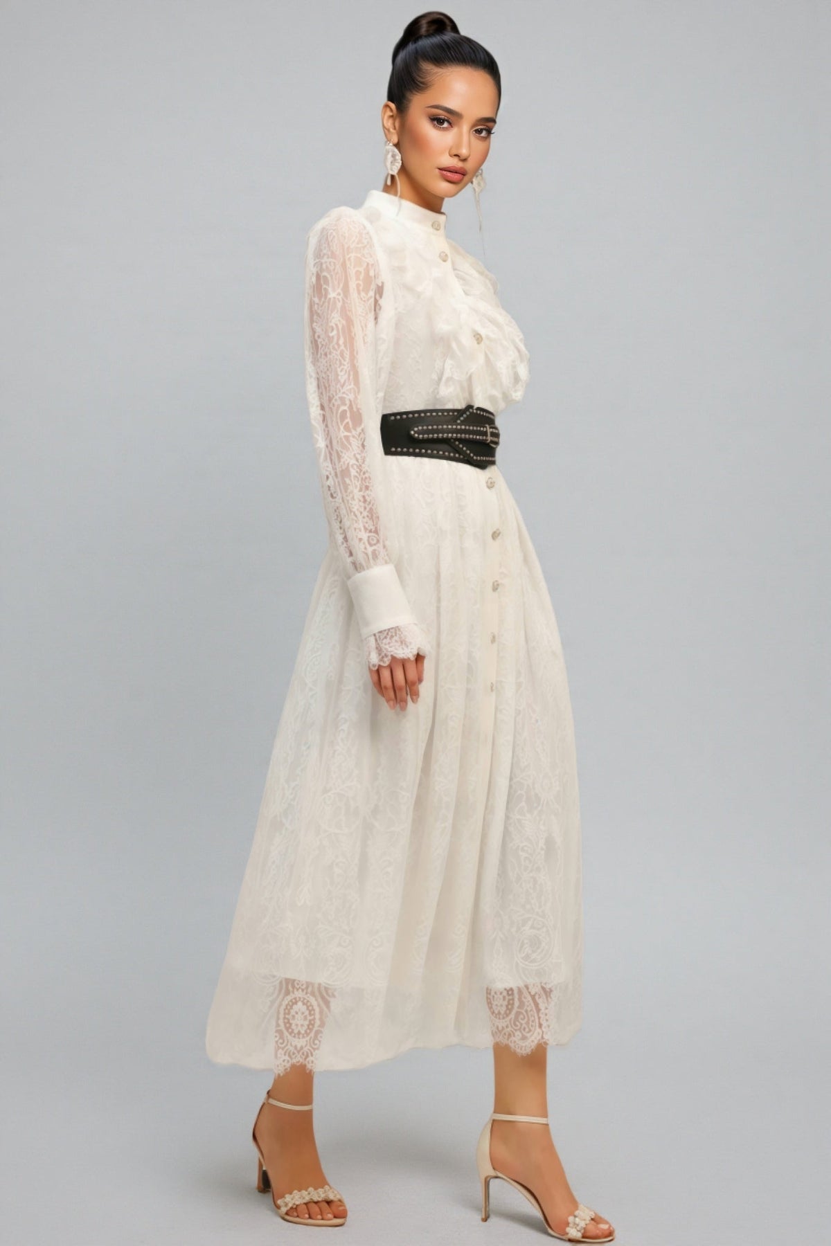 Lace Mock Neck Sheer Lantern Sleeve Button Front Belted Midi Dress 2