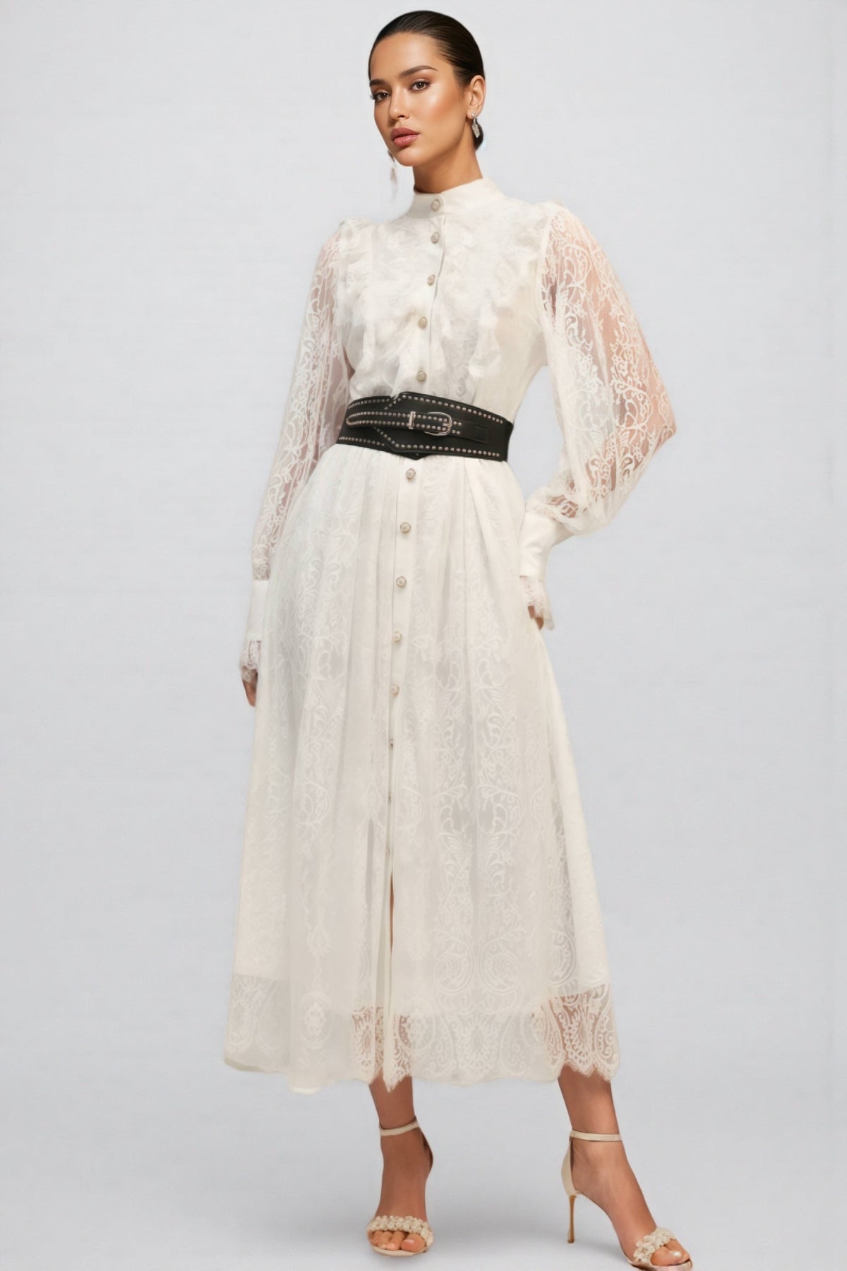 Lace Mock Neck Sheer Lantern Sleeve Button Front Belted Midi Dress