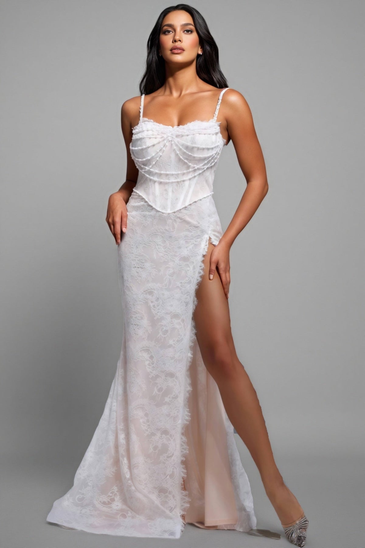 Spaghetti Strap Faux Pearl Corset Lace High Split Maxi Gown