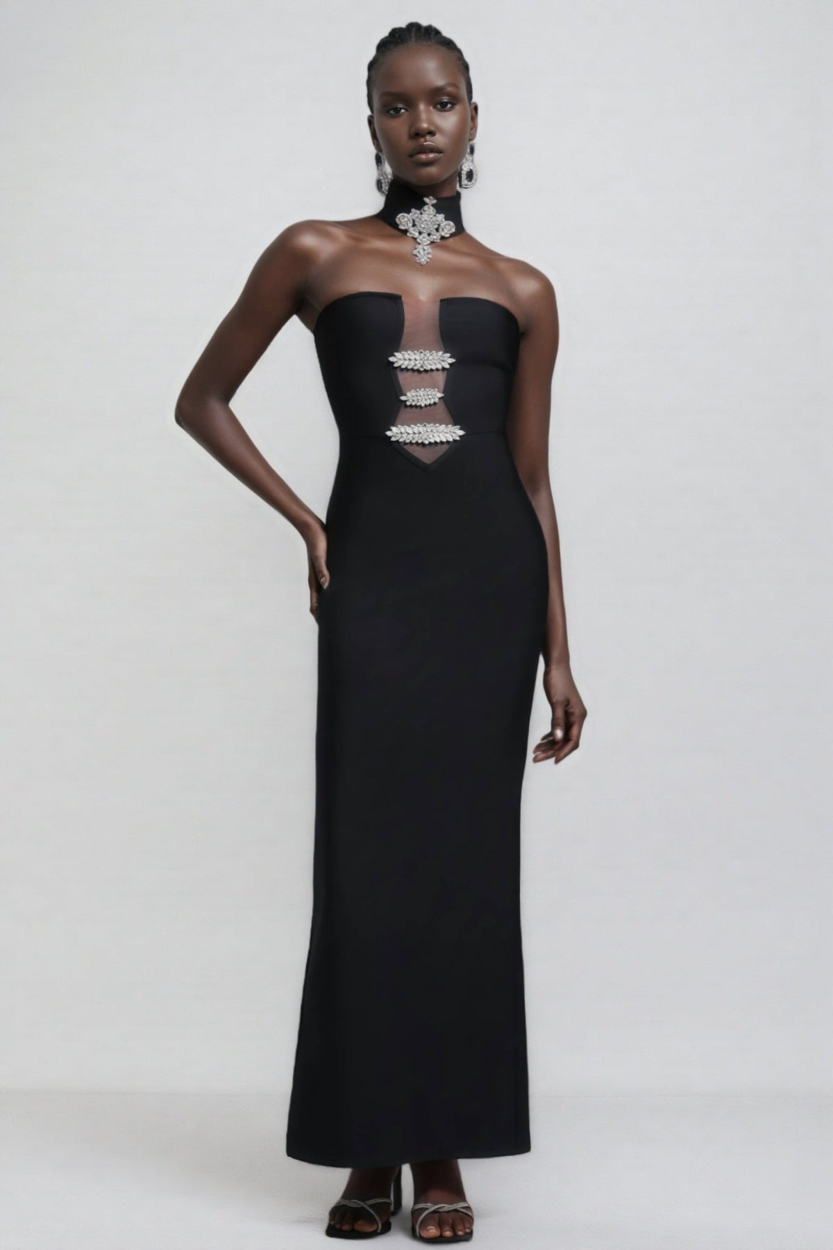 Strapless Rhinestone Brooch Mesh Cut Out Choker Bandage Maxi Dress