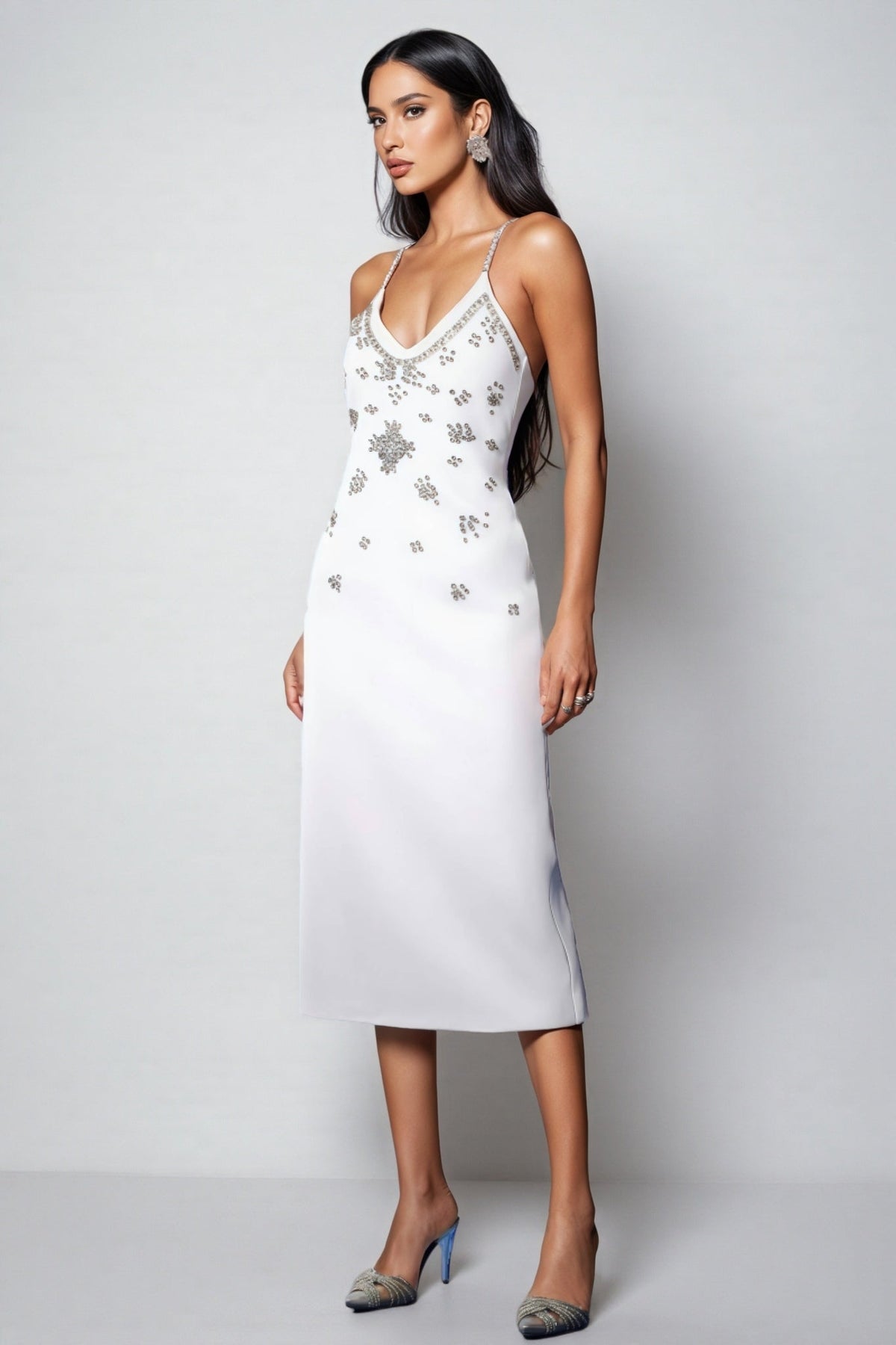 Rhinestone Embellished V-Neck Spaghetti Strap Slip Midi Dress