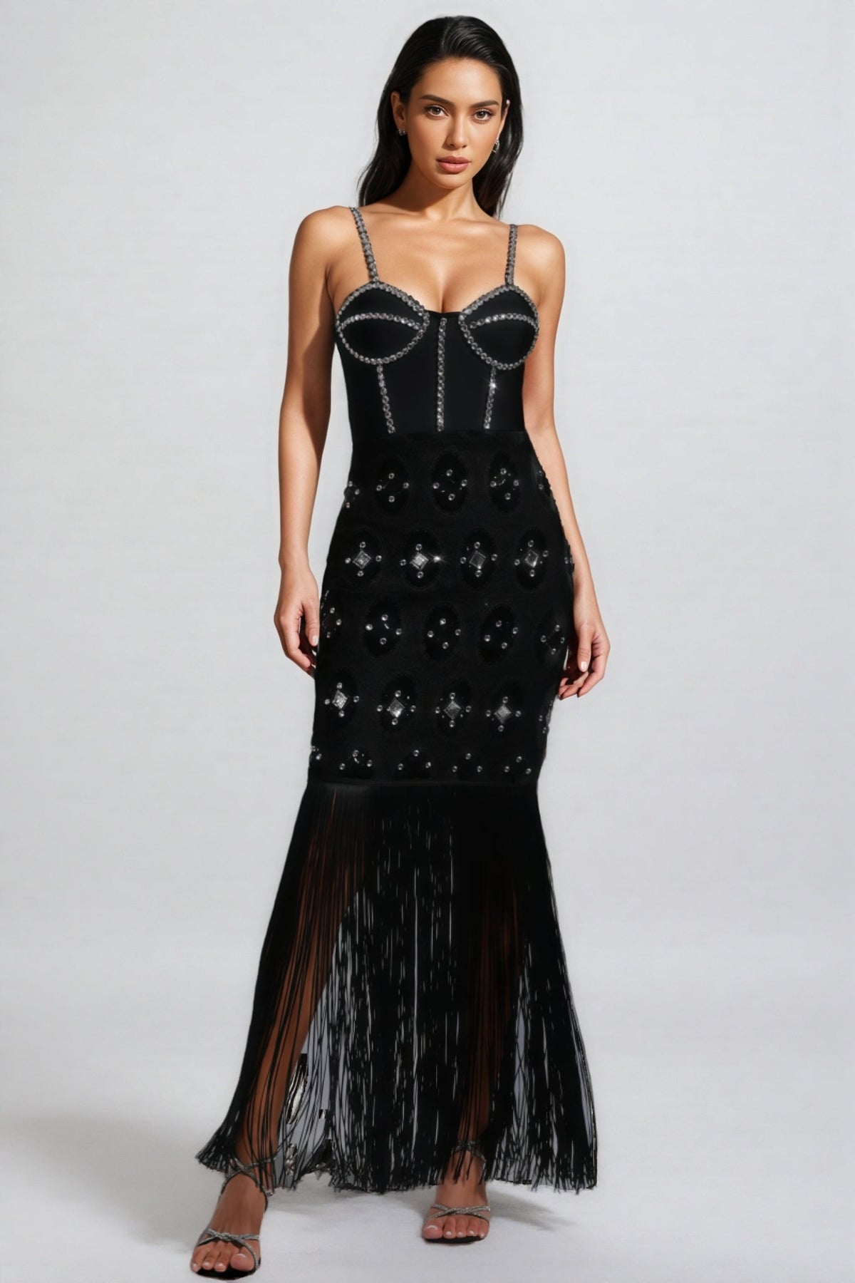 Rhinestone Embellished Bustier Fringe Hem Bandage Maxi Dress