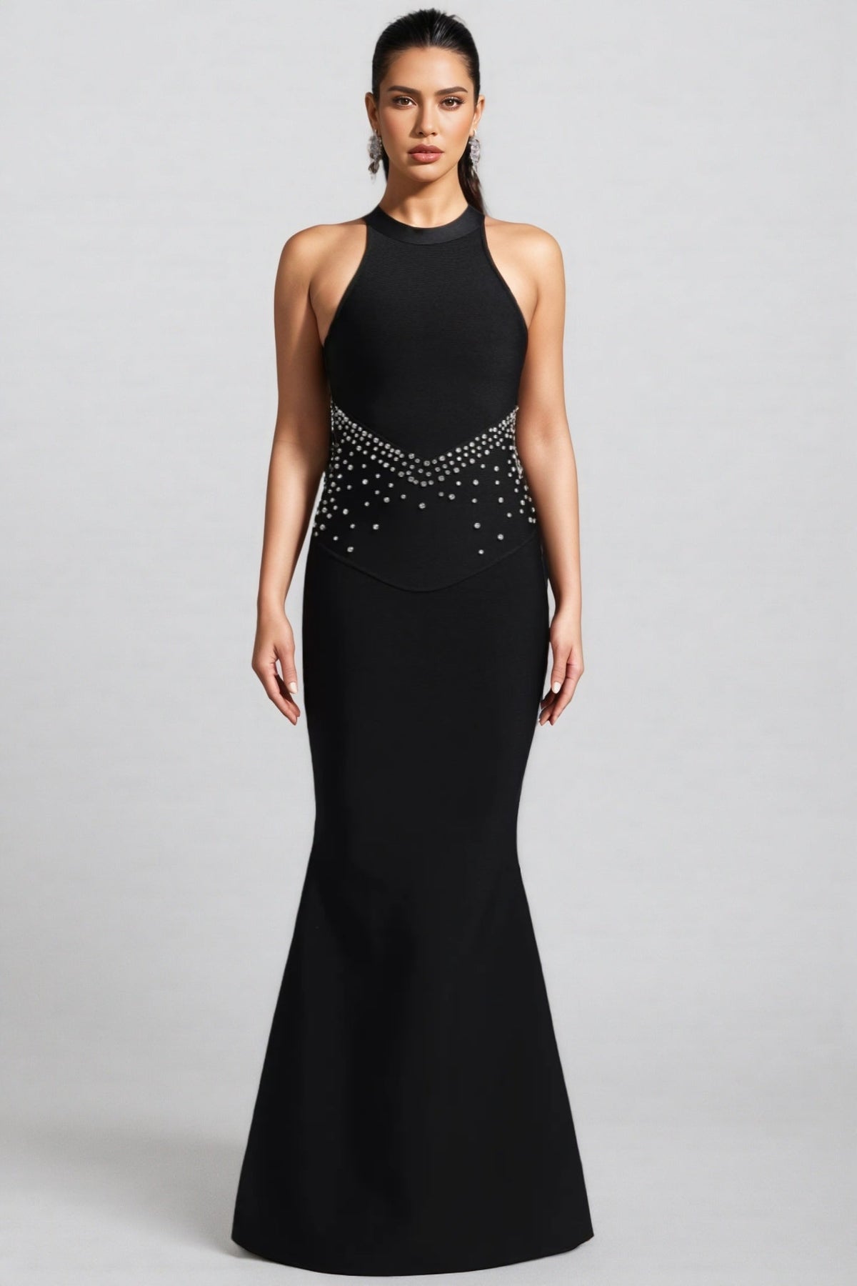 Halter Neck Sleeveless Rhinestone Waist Bandage Mermaid Maxi Gown