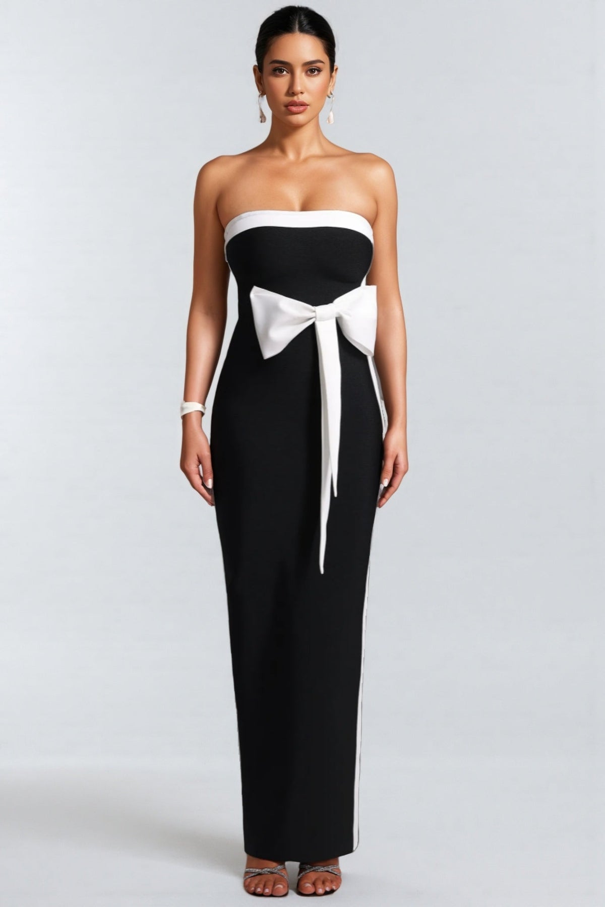 Strapless Contrast Trim Bow Front Bandage Column Maxi Dress