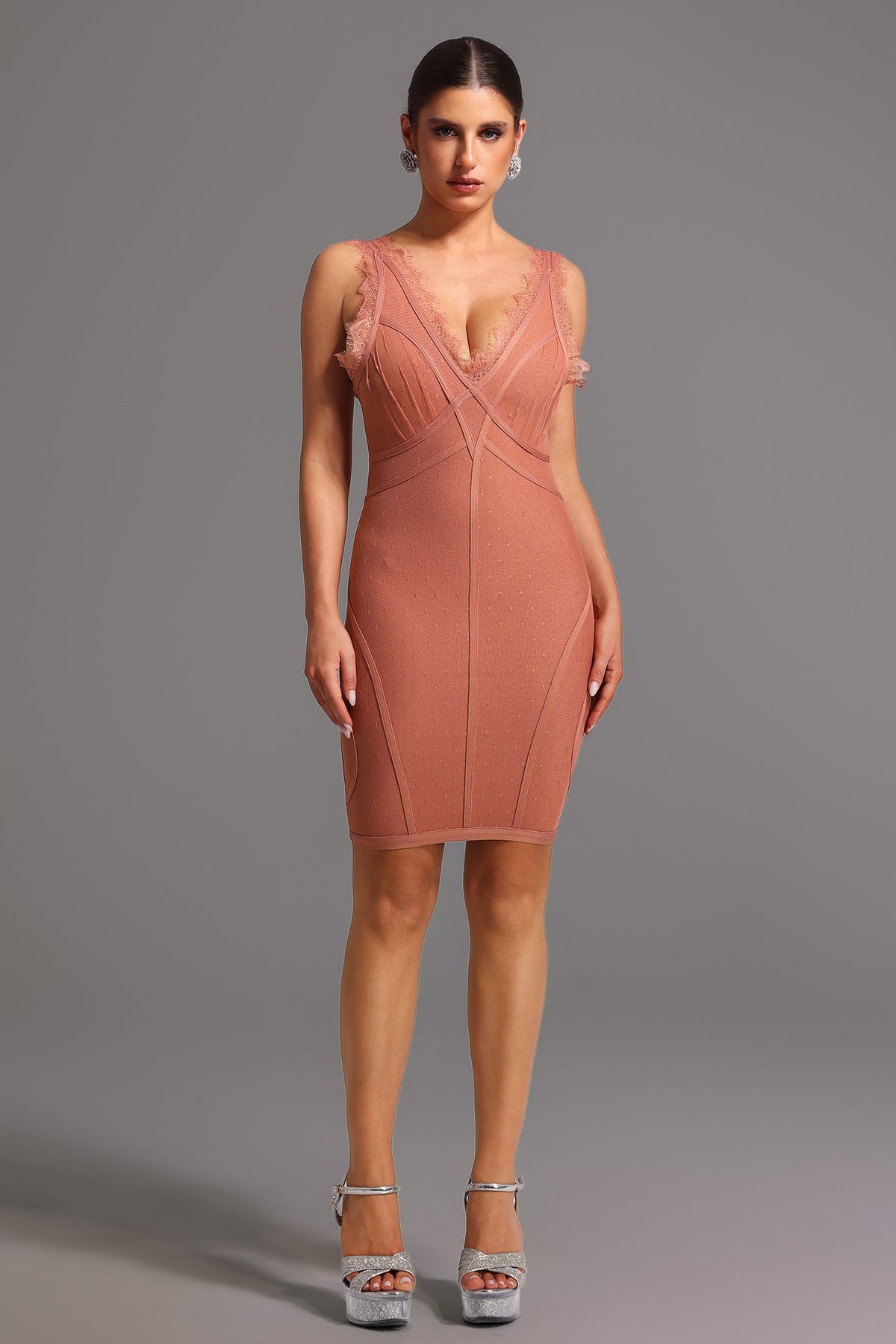 Lace Trim V-Neck Sleeveless Bandage Bodycon Mini Dress 2