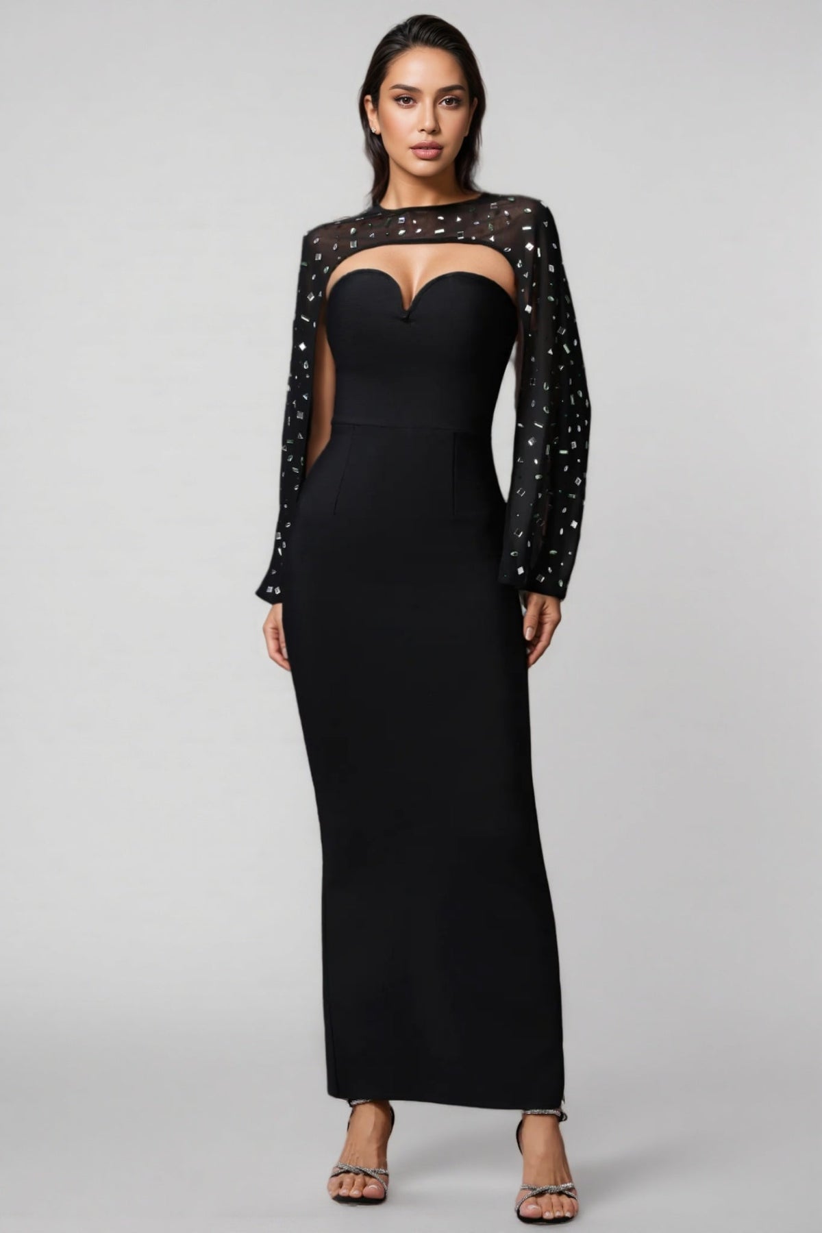 Strapless Sweetheart Maxi Dress with Rhinestone Mesh Long Sleeve Shrug