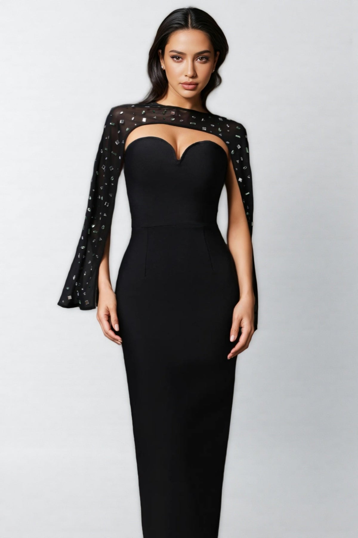 Strapless Sweetheart Maxi Dress with Rhinestone Mesh Long Sleeve Shrug 2