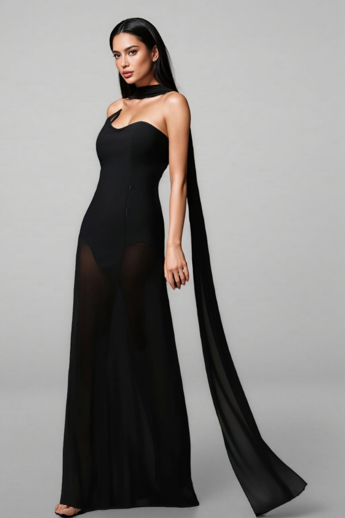 Strapless Sheer Mesh Skirt Scarf Neck Bandage Maxi Dress