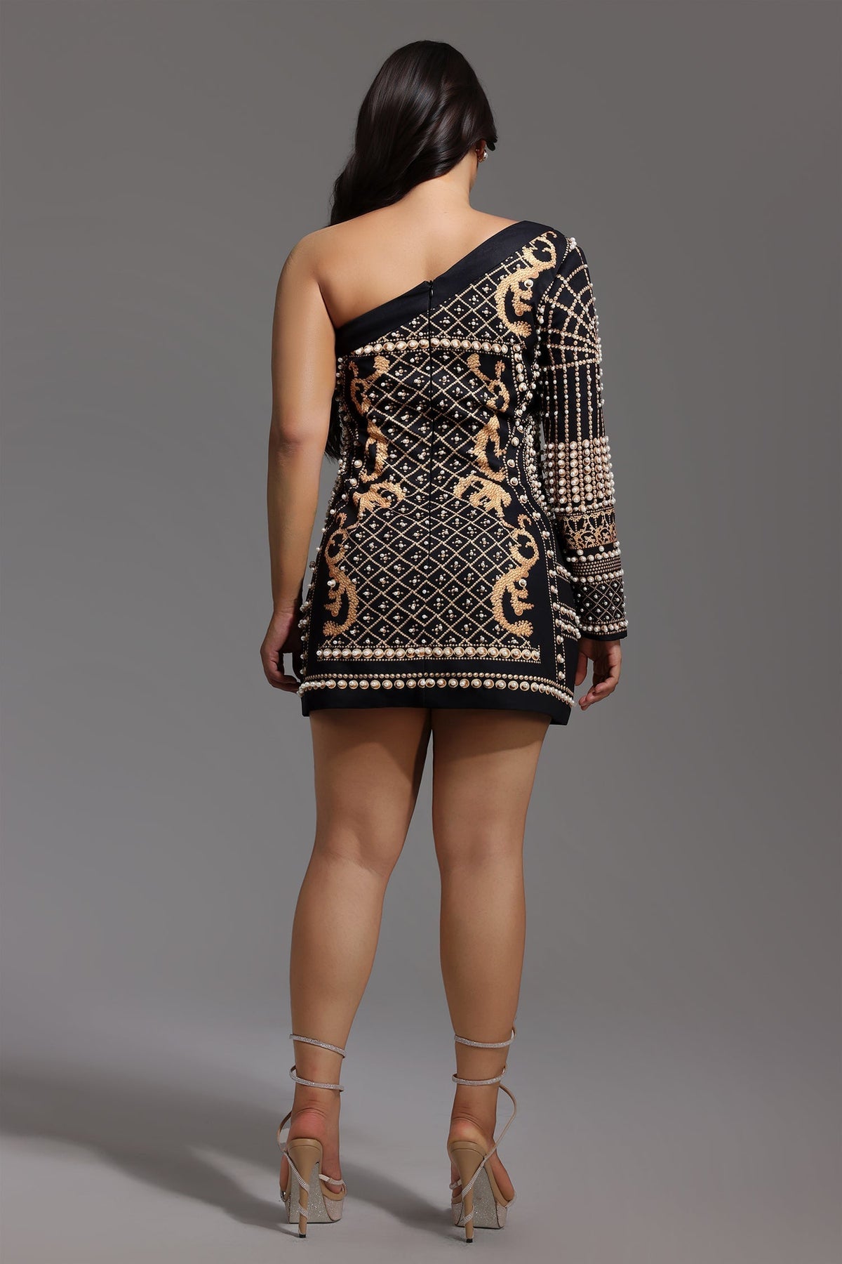 One Shoulder Long Sleeve Faux Pearl Embroidered Bodycon Mini Dress 6