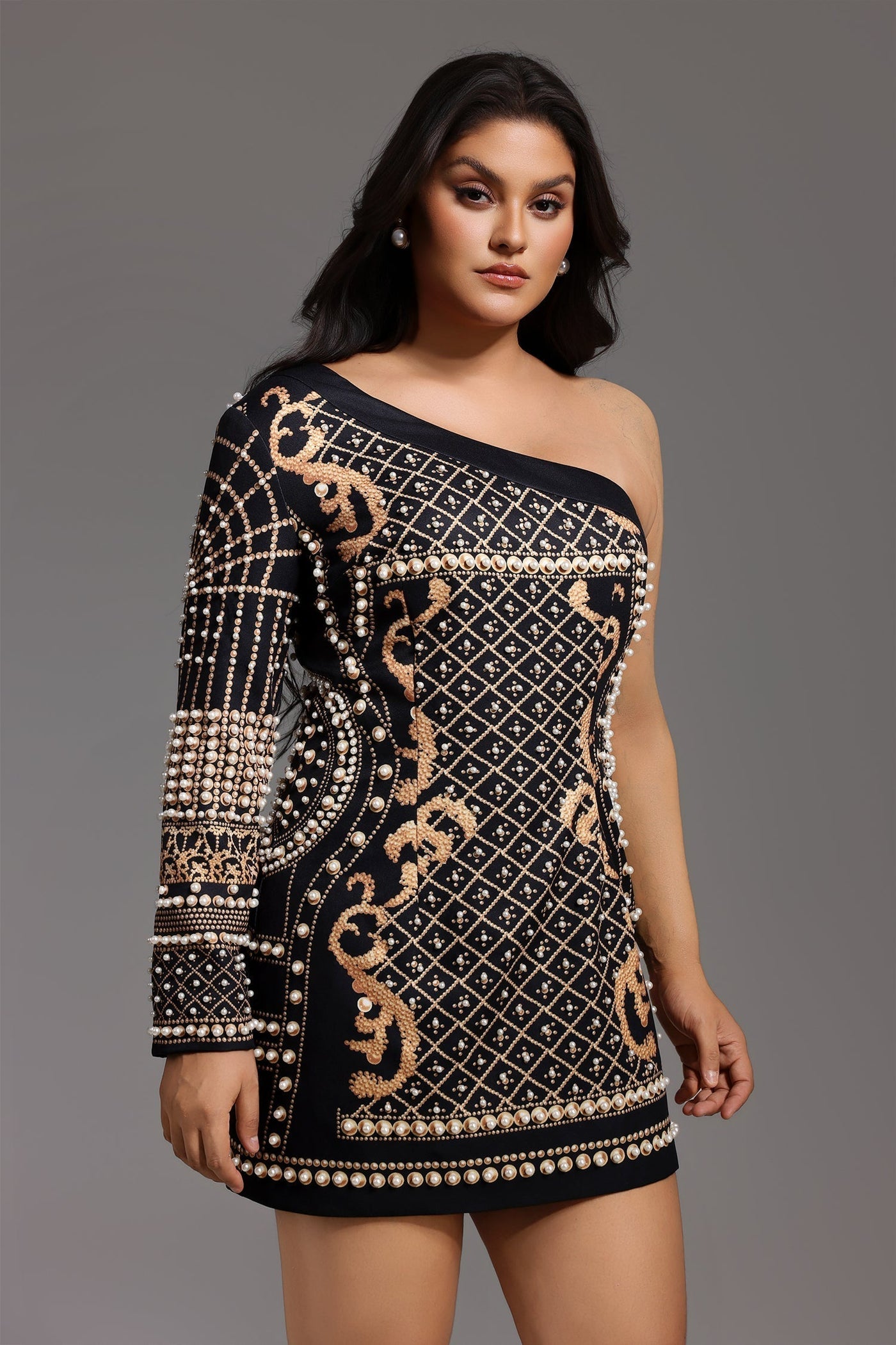 One Shoulder Pearl Mini Dress - View 4