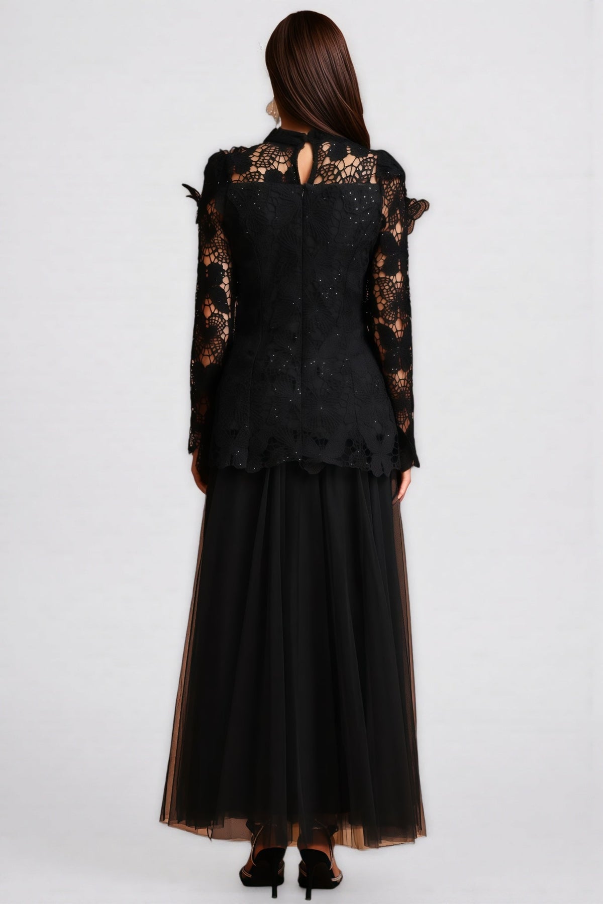 Mock Neck Long Sleeve Lace Button Front Top and Tulle Maxi Skirt Two Piece Set 4