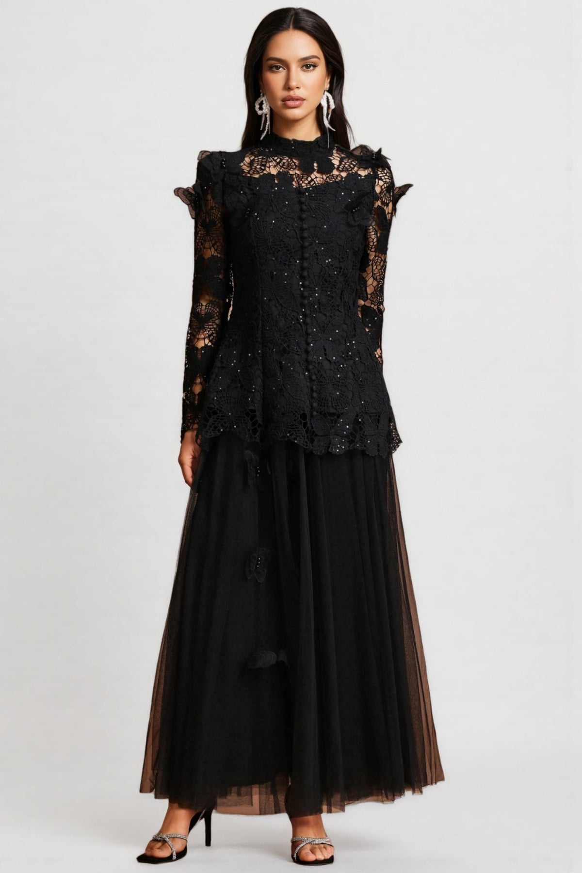 Mock Neck Long Sleeve Lace Button Front Top and Tulle Maxi Skirt Two Piece Set