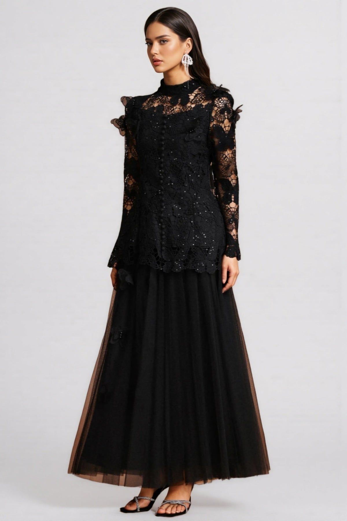 Mock Neck Long Sleeve Lace Button Front Top and Tulle Maxi Skirt Two Piece Set 2