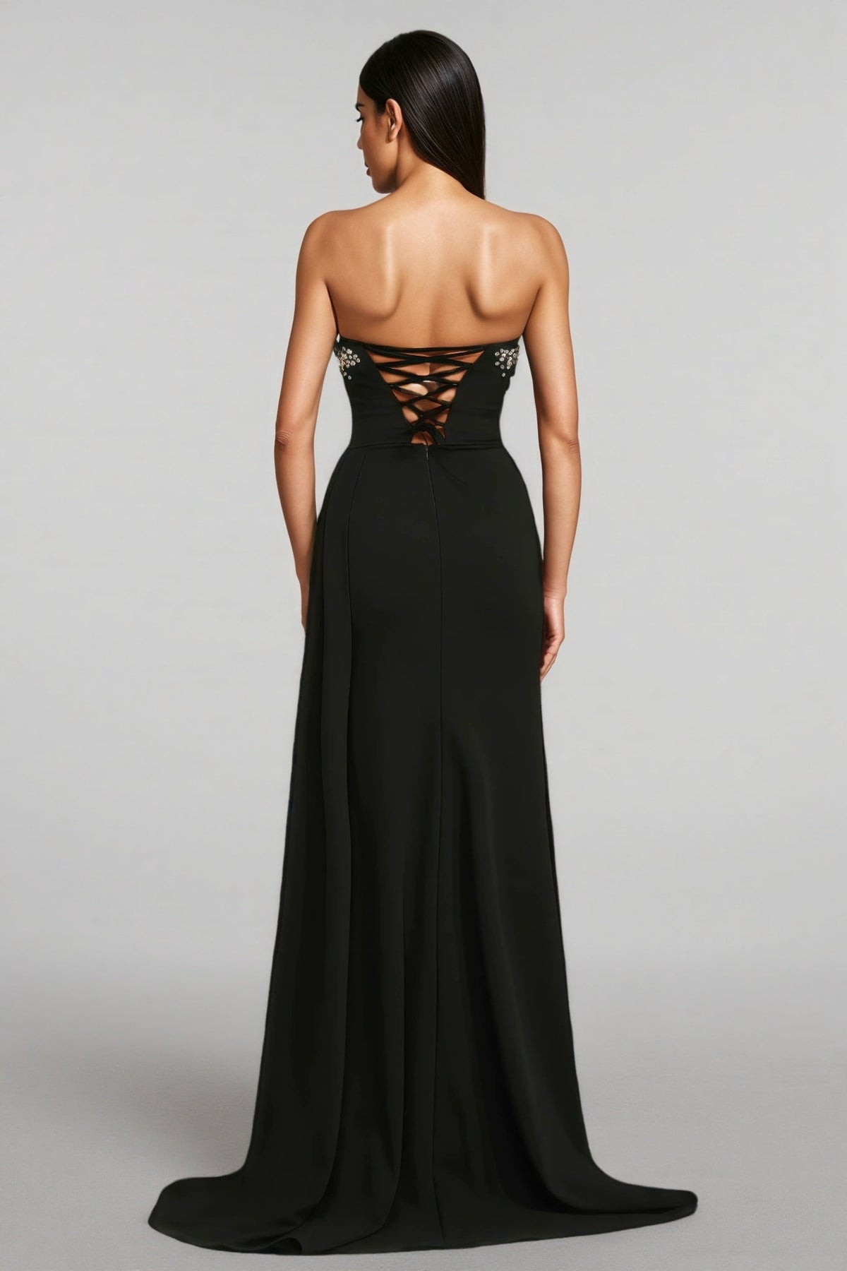 Faux Pearl Embellished Strapless Sweetheart High Split Draped Train Maxi Gown 3