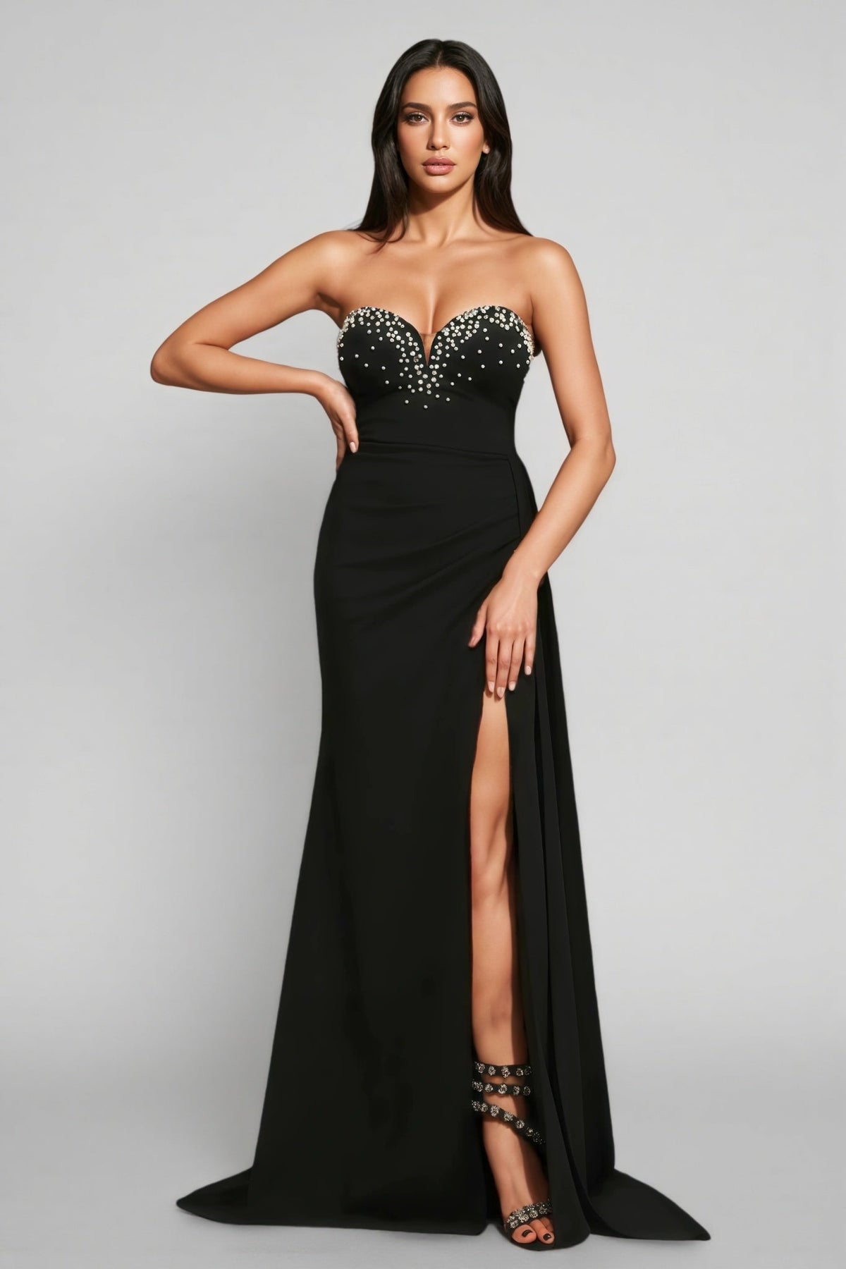 Faux Pearl Embellished Strapless Sweetheart High Split Draped Train Maxi Gown