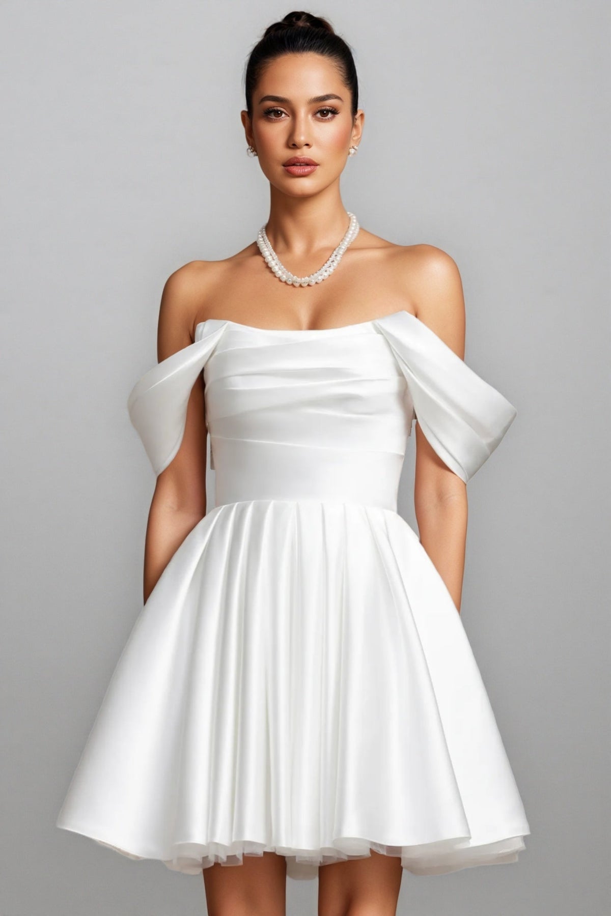 Off Shoulder Satin Pleated Bodice Fit and Flare Mini Dress 4