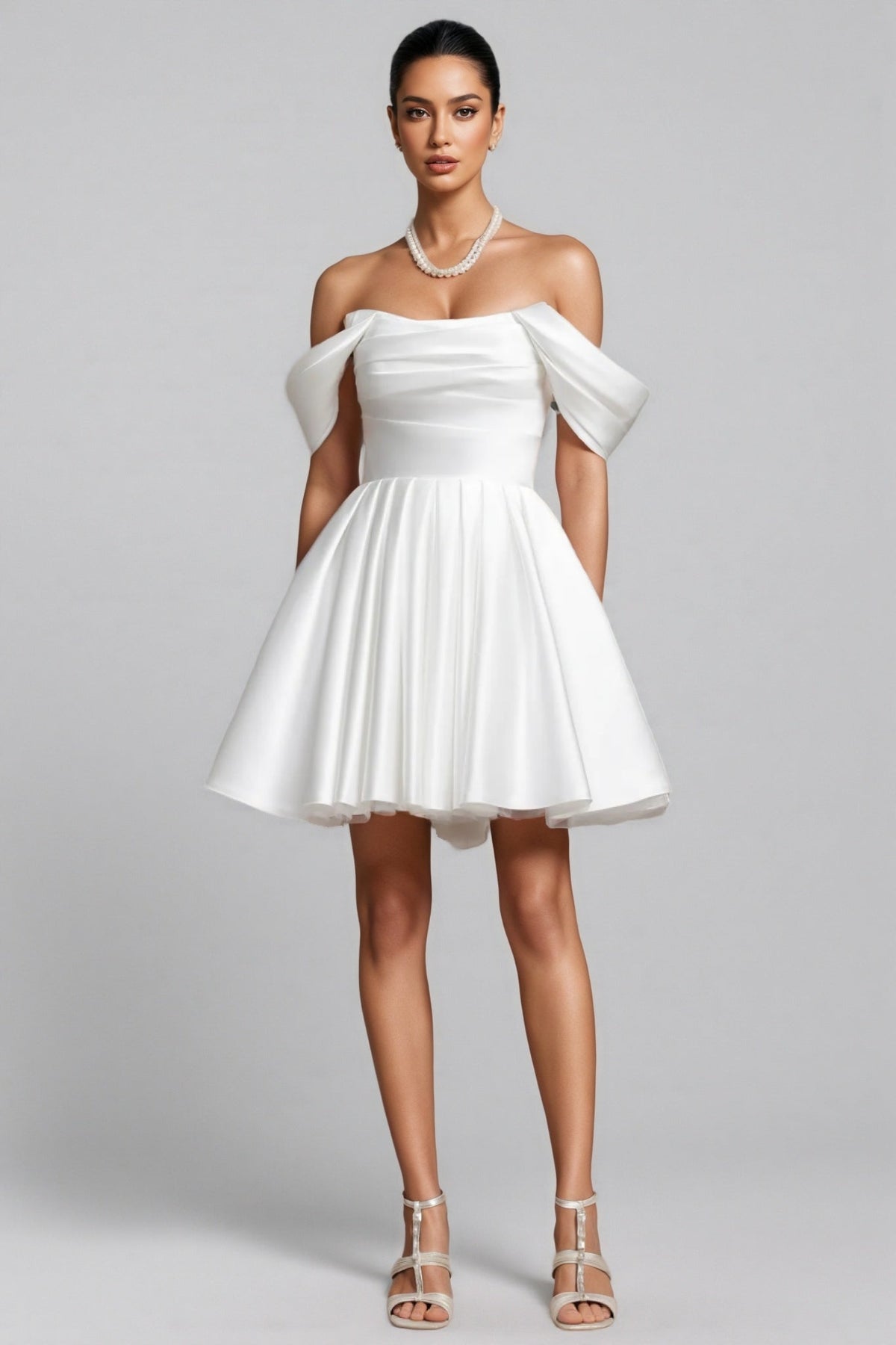 Off Shoulder Satin Pleated Bodice Fit and Flare Mini Dress