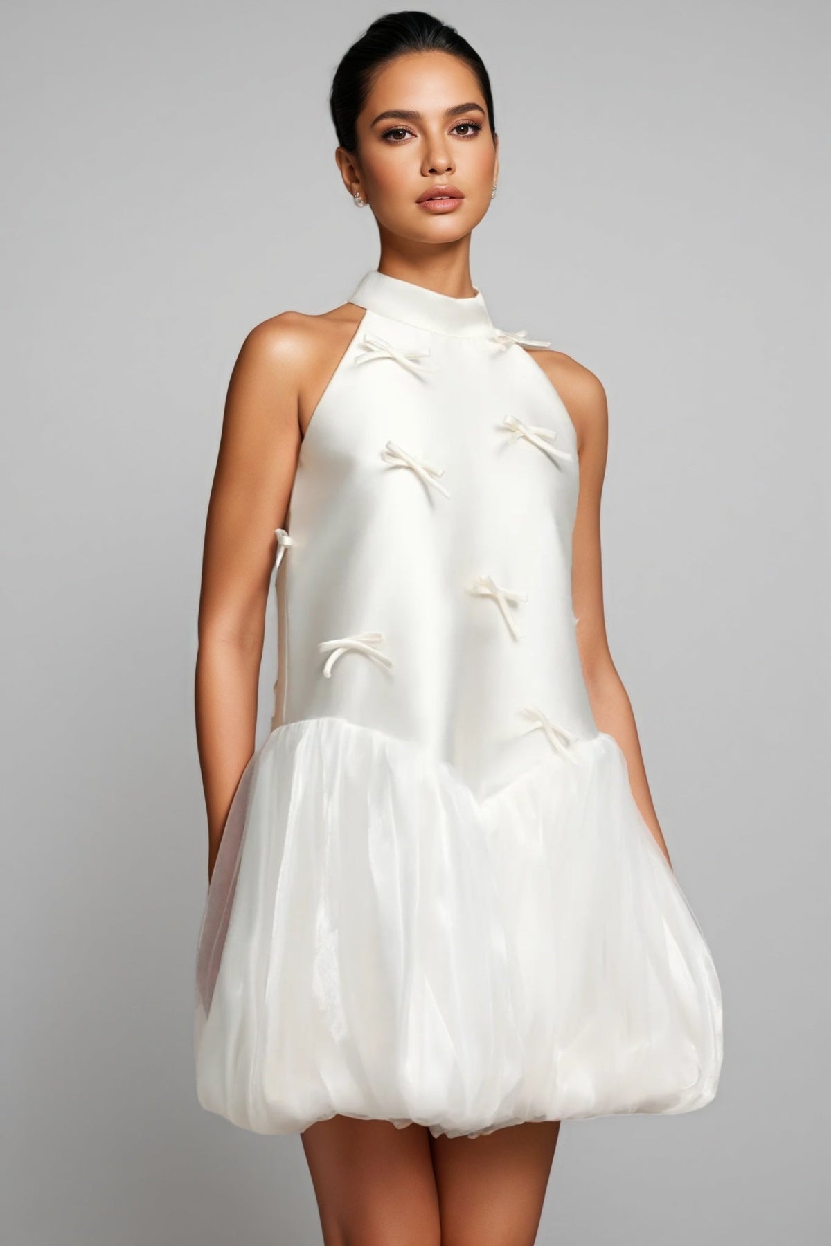 Mock Neck Sleeveless Bow Applique Bubble Hem Satin Mini Dress 4