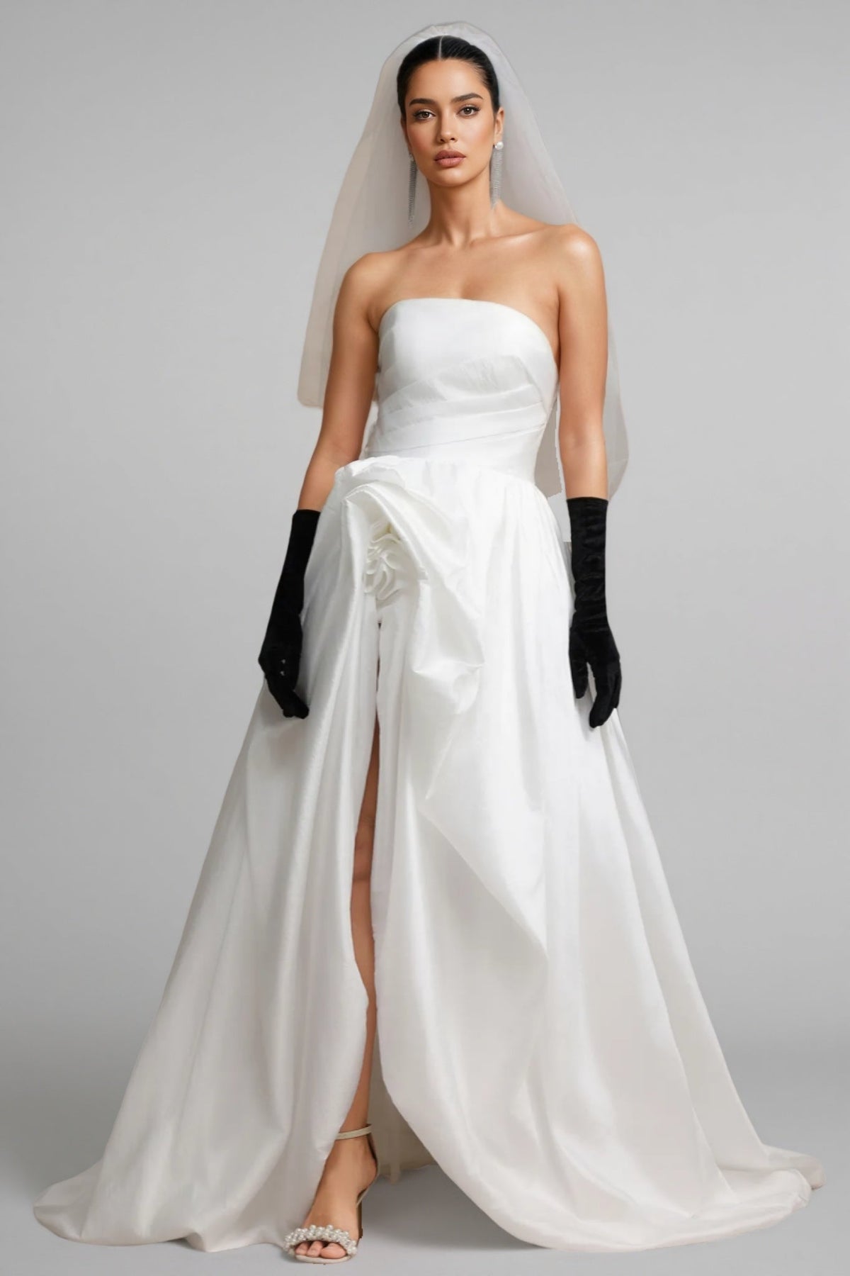 Strapless Satin Rosette Draped High Split Wedding Ball Gown