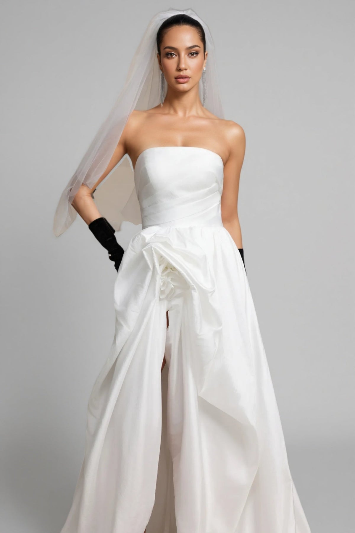 Strapless Satin Rosette Draped High Split Wedding Ball Gown 4