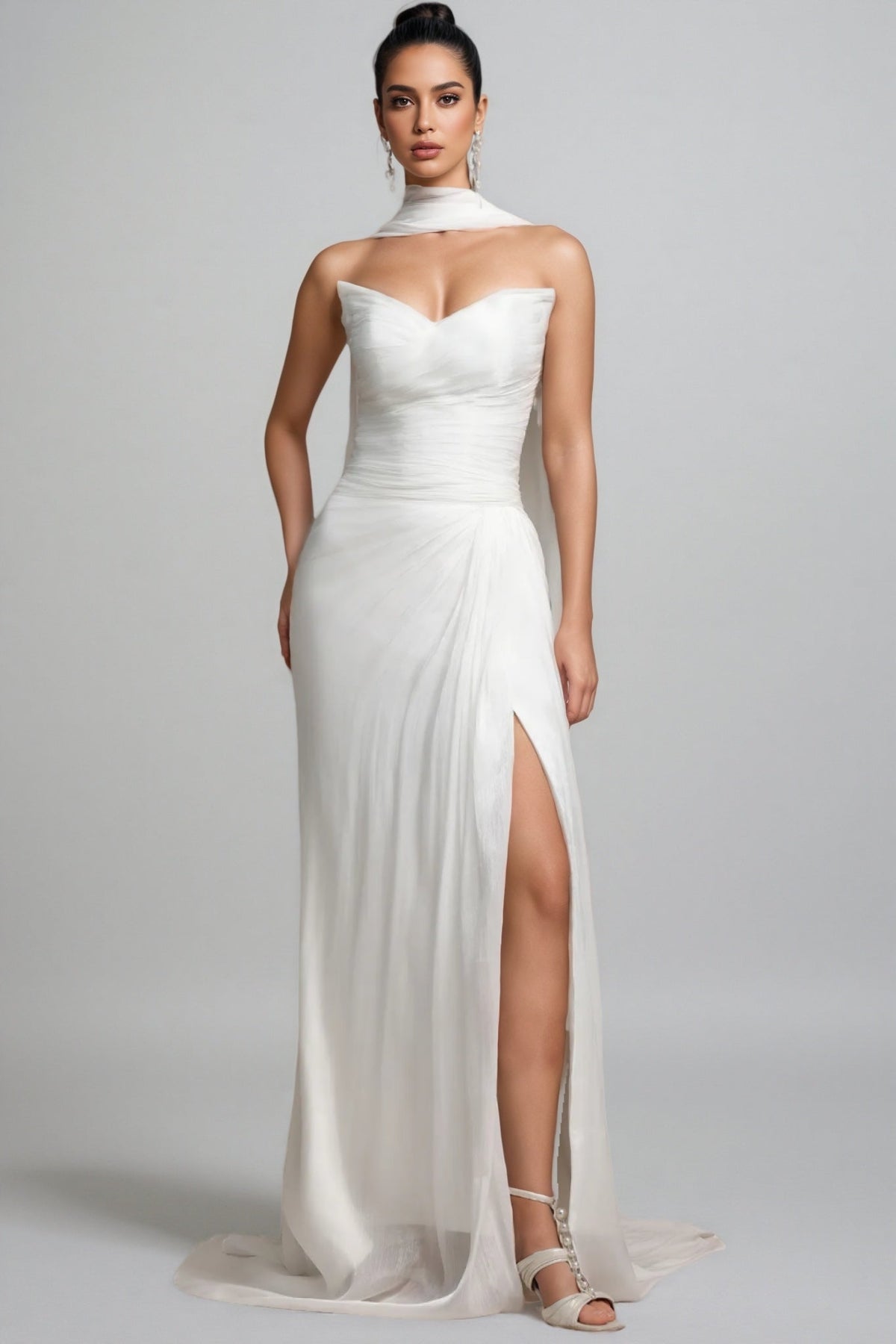 Strapless Sweetheart Neck Pleated Ruched High Split Maxi Wedding Gown
