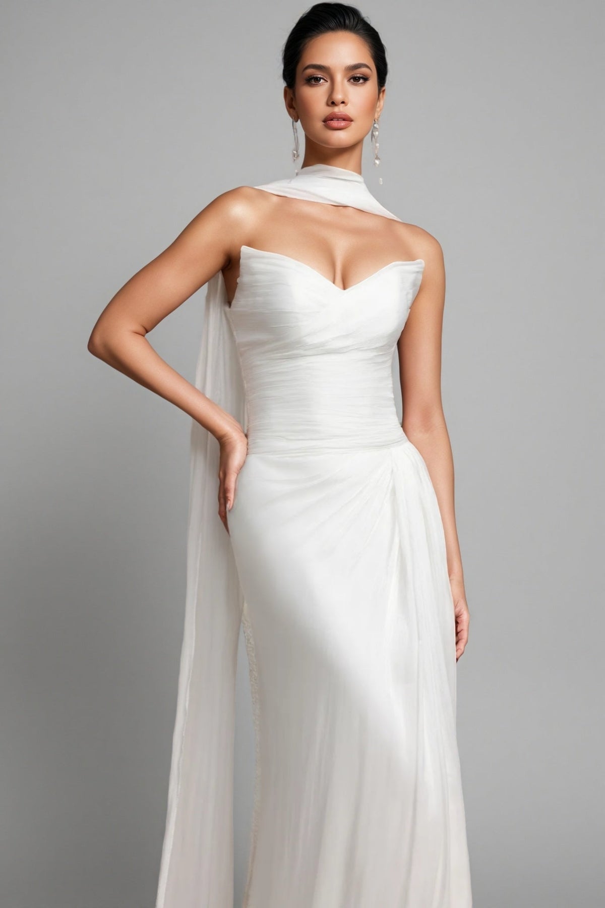 Strapless Sweetheart Neck Pleated Ruched High Split Maxi Wedding Gown 3