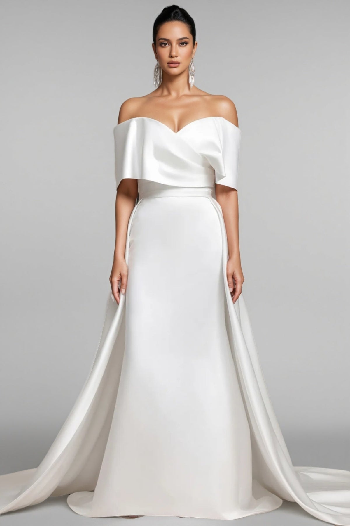 Satin Off Shoulder Sweetheart Neck Overskirt Train Wedding Gown