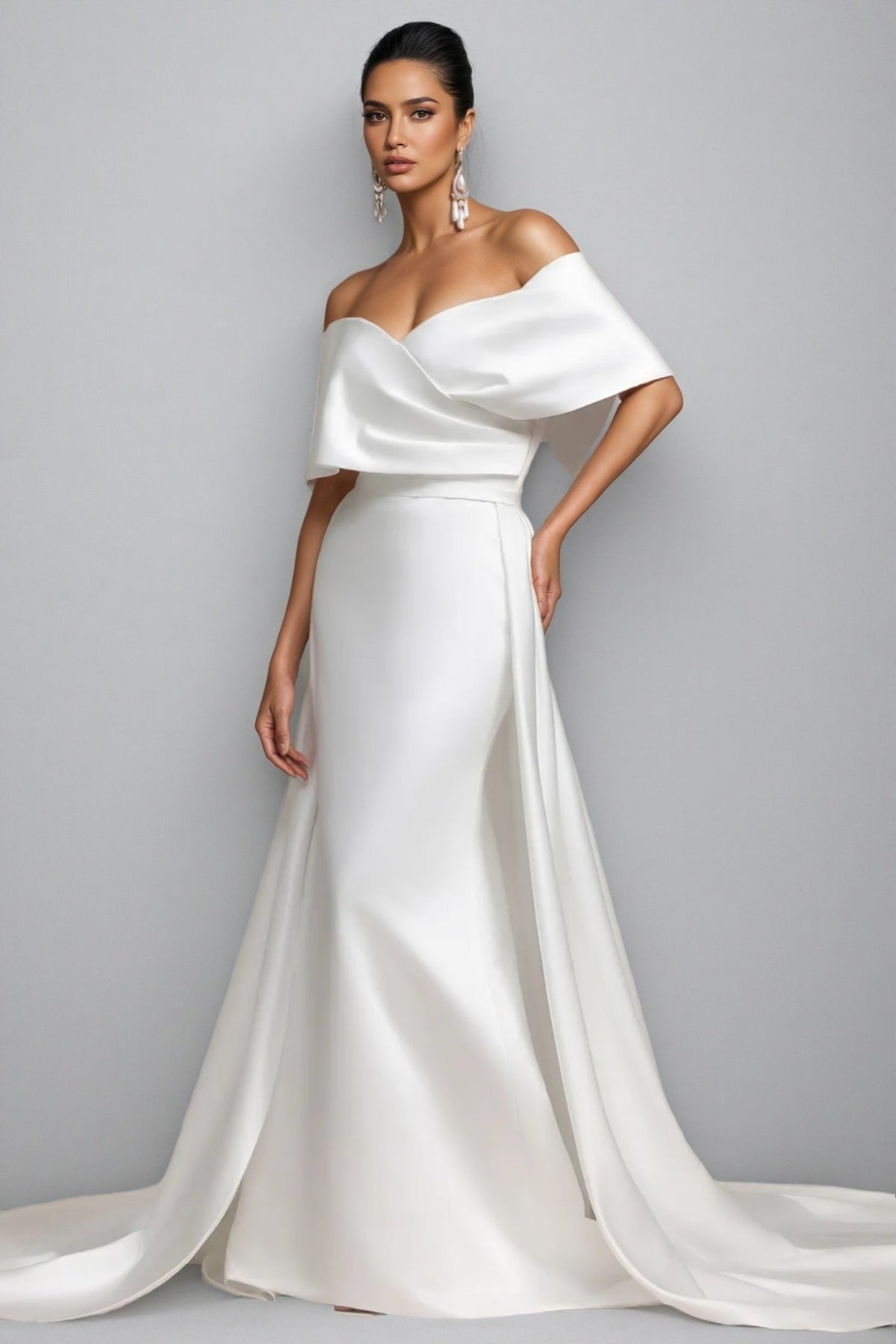 Satin Off Shoulder Sweetheart Neck Overskirt Train Wedding Gown 3