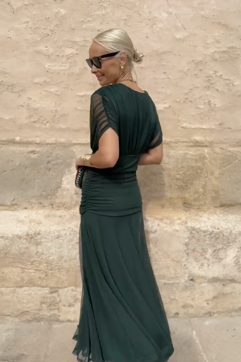 V-Neck Short Sleeve Chiffon Ruched Maxi Dress 10