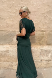 V-Neck Short Sleeve Chiffon Ruched Maxi Dress 10