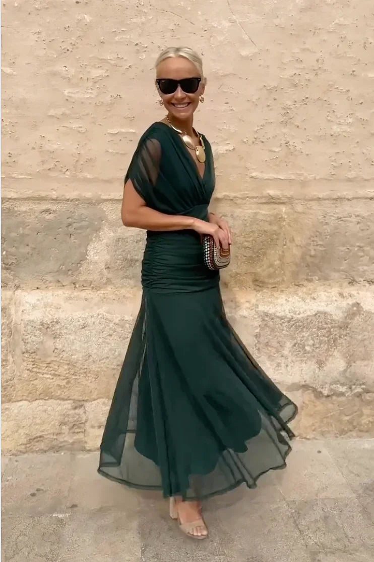 Chiffon Deep V-Neck Short Sleeve Ruched Waist Maxi Dress