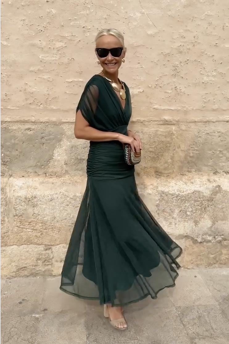 V-Neck Short Sleeve Chiffon Ruched Maxi Dress 11