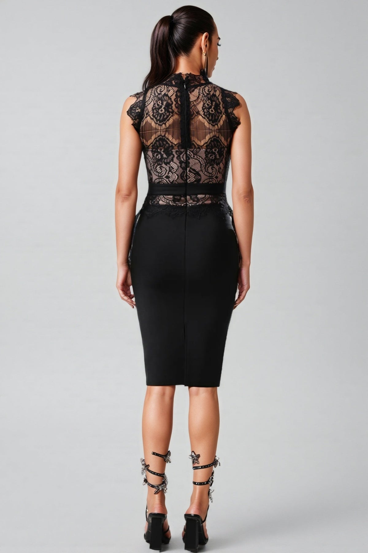 Sleeveless Mock Neck Sheer Lace Bodice Bandage Midi Dress 5