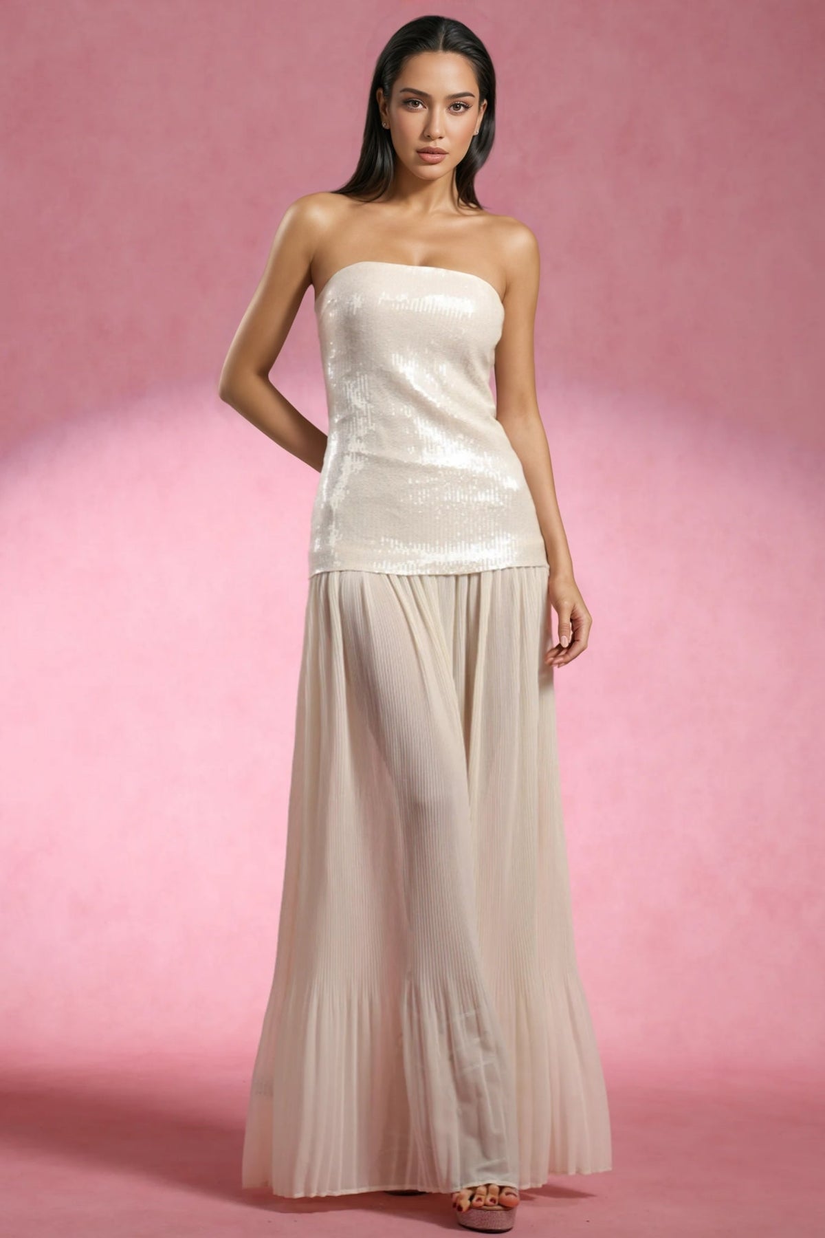 Strapless Sequin Bodice Drop Waist Sheer Pleated Maxi Dress