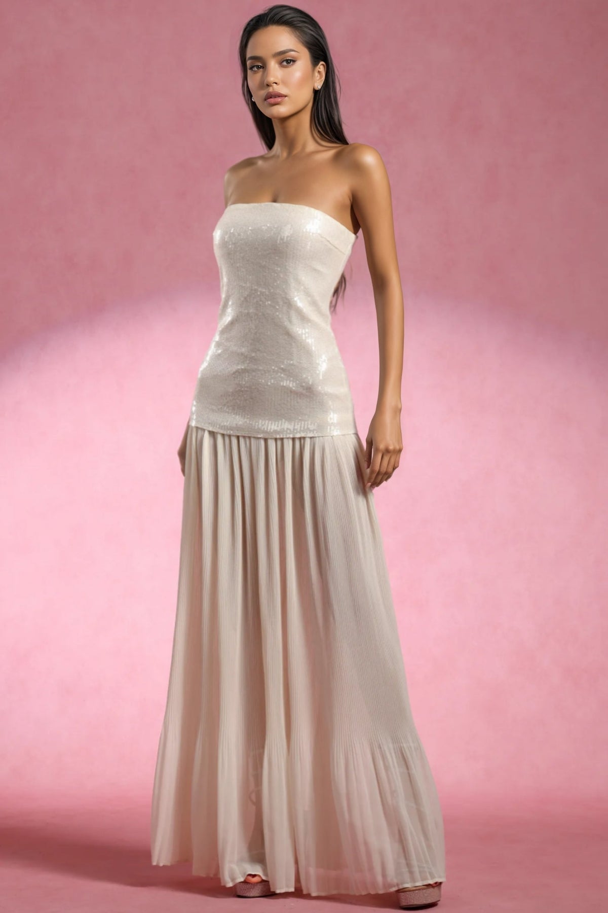 Strapless Sequin Bodice Drop Waist Sheer Pleated Maxi Dress 2