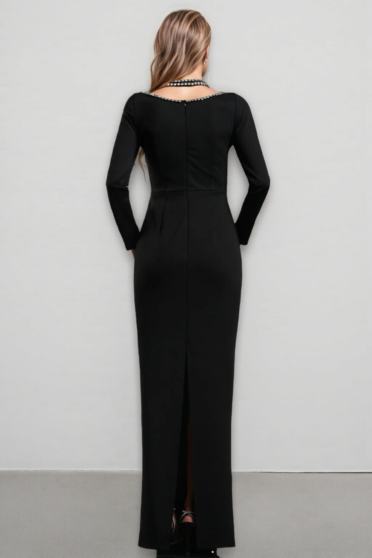 Rhinestone Trim Deep V-Neck Long Sleeve Shoulder Cut Out Column Maxi Dress 4