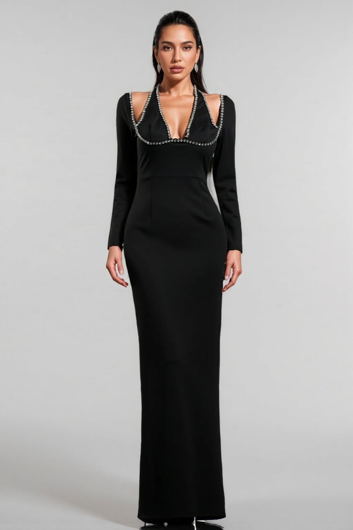 Rhinestone Trim Deep V-Neck Long Sleeve Shoulder Cut Out Column Maxi Dress