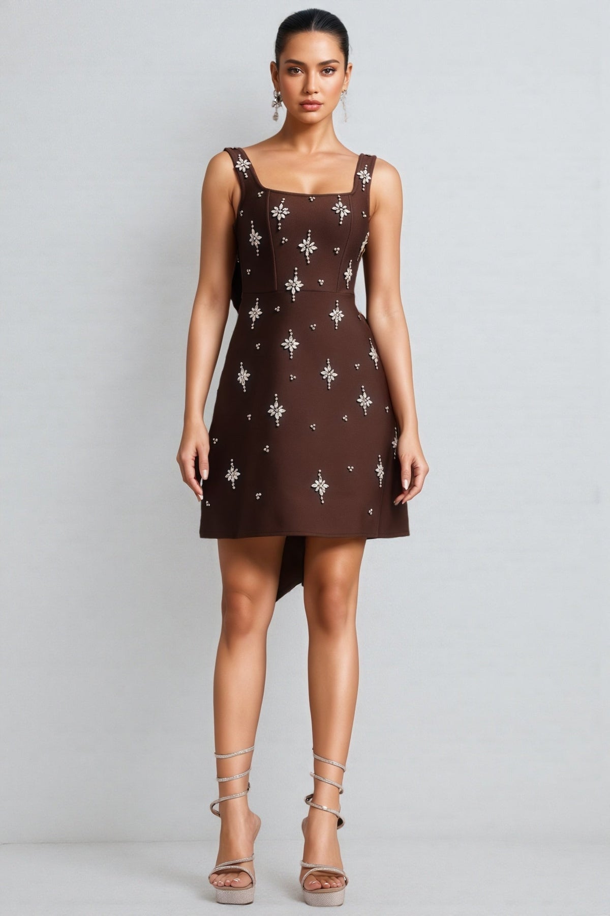 Square Neck Sleeveless Rhinestone Embellished Back Drape Mini Dress
