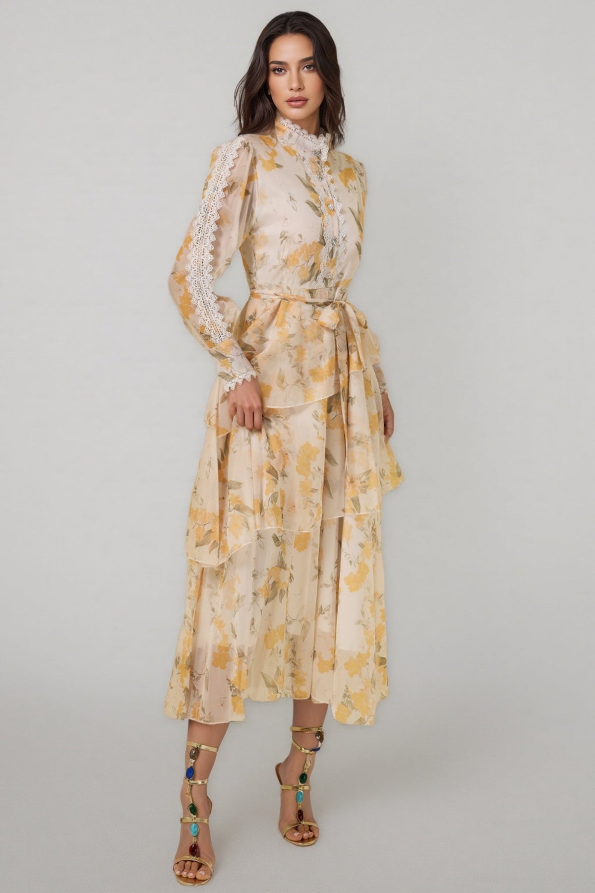 Floral Chiffon Lace Trim Long Sleeve Belted Tiered Midi Dress 4