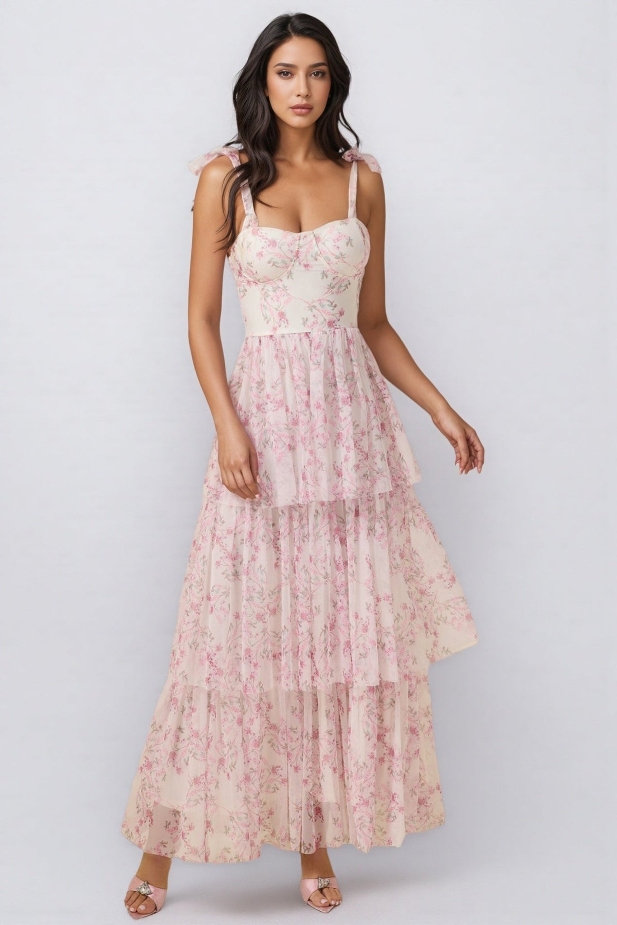 Floral Tie Strap Bustier Tiered Ruffle Tulle Maxi Dress