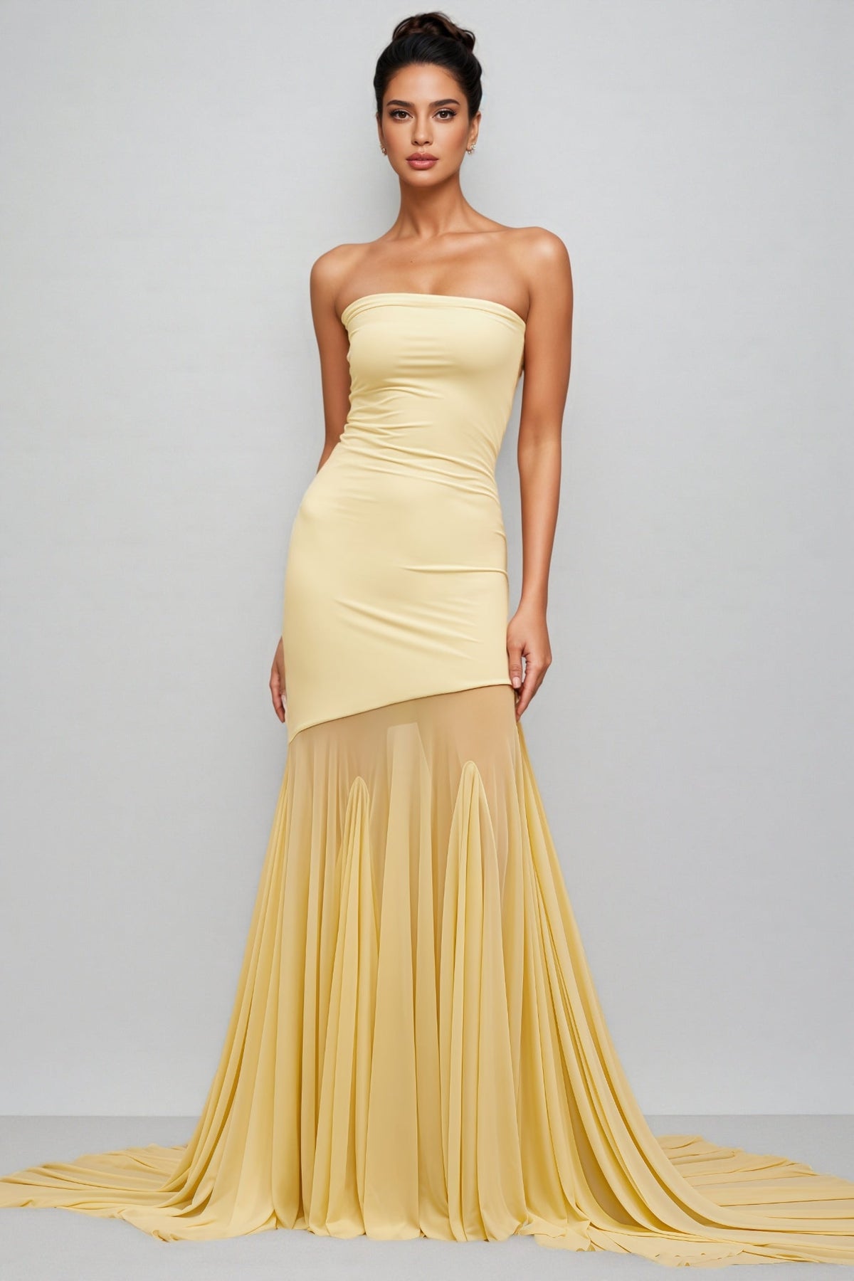Strapless Bodycon Sheer Mesh Pleated Mermaid Train Maxi Gown