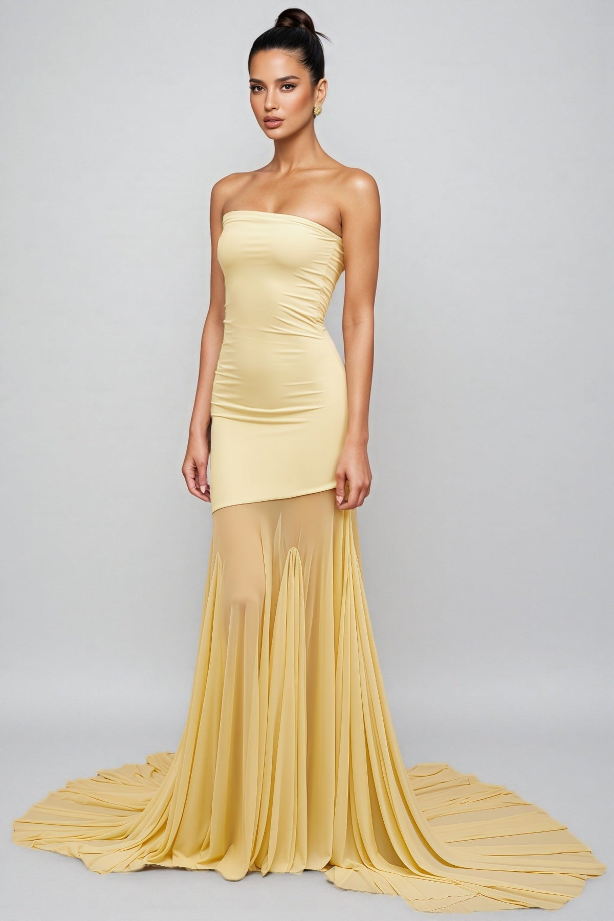 Strapless Bodycon Sheer Mesh Pleated Mermaid Train Maxi Gown 5