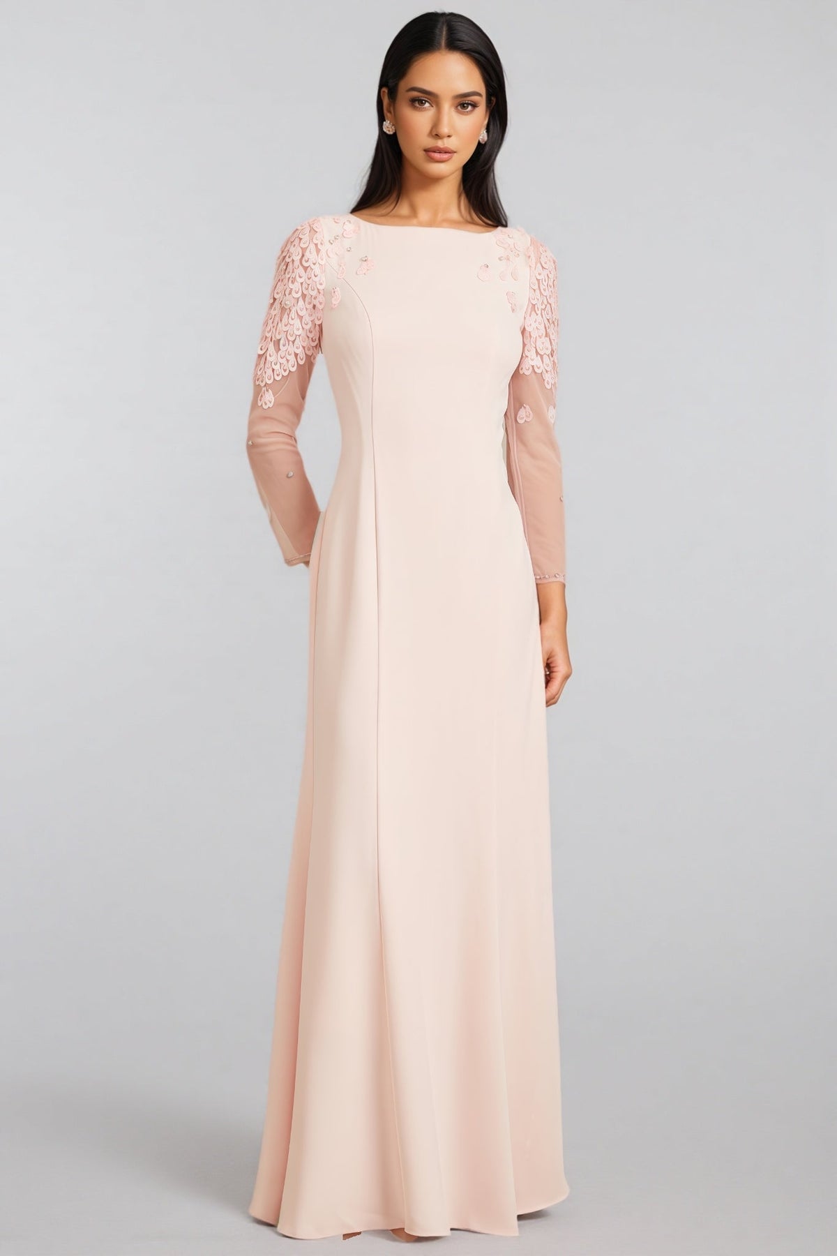 Boat Neck Sheer Mesh Long Sleeve Lace Applique Mermaid Maxi Gown 2