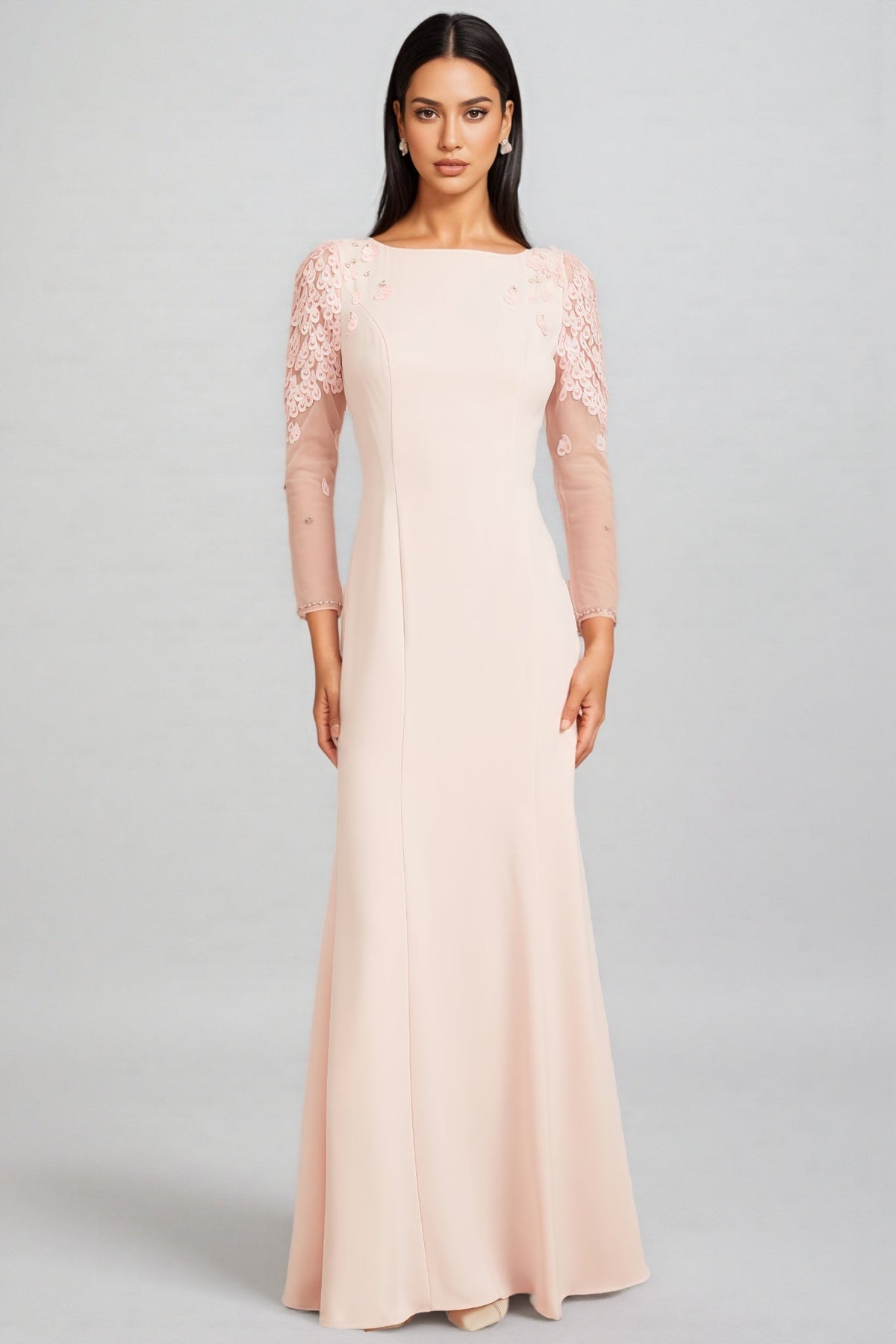 Boat Neck Sheer Mesh Long Sleeve Lace Applique Mermaid Maxi Gown